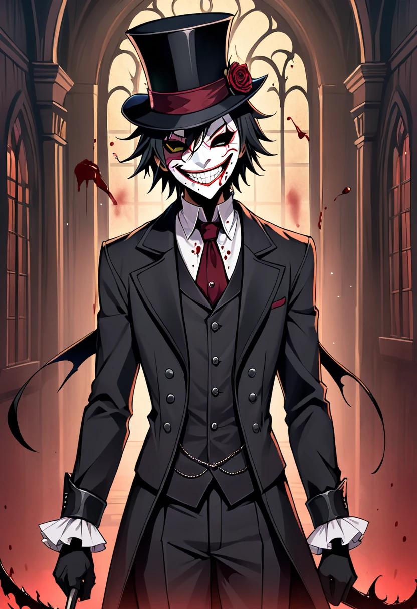 anime male slasher wearinscary anime male wearing a smile mask, suit, and top hat, cool, intimidating, slasher vibes, blood on mask, cool, Victorian, goth, light novel character art, anime creepy smile mask, medieval era, simple smile mask with little detail