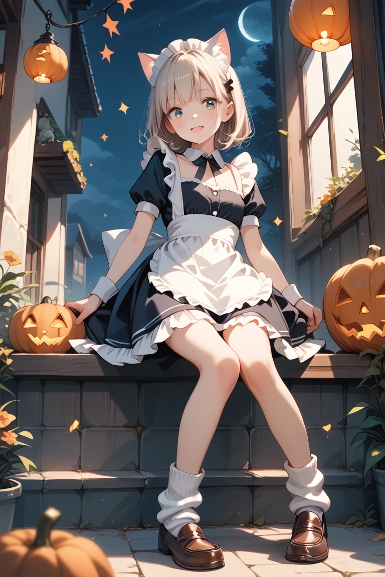 Score_9,Score_8_up,Score_7_up,highest quality anime,,masterpiece,1 girl,slim,small breasts,(Ideal slender proportions),(black_long_hair,straight_bangs,maid costume,cat ears,loose socks,loafers),happy Halloween night