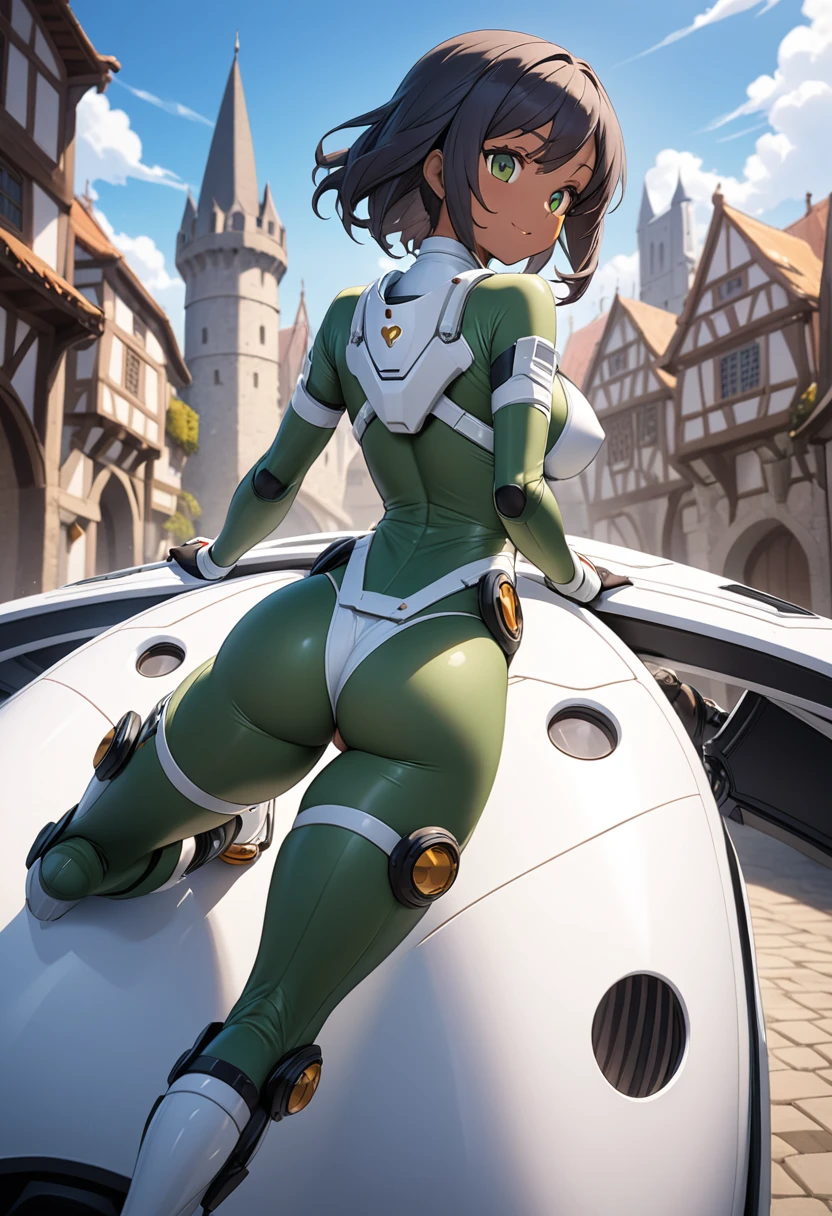 One woman has a perfect figure ,Dark Skin Tone, female anime character in a futuristic suit piloting a spaceship in a motorcycle-shaped cockpit, masterpiece,  best quality, , Doll Suit, Thong, 1人の girl, Big Butt、Big ButtThong、Thongを食い込ませる、High Cut、Big Butt、 standing,  staring at the viewer in a medieval city , smile, ハイレグのレオタードを着たブラジルの sexyなアニメのFujimura Shizuka 。 sexyな衛士強化装備レオタードスーツ、masterpiece、 high quality、Very High Resolution 、 high leg guard reinforcement equipment 、つま先を見せている Full Body Shot 、（Female pilot、 girl、 sexy、白い high leg guard reinforcement equipment 、（（green：1.5） sexyな衛士強化装備）、Thong、 Full Body Shot 、Toes、Chin Guard 、[Standing leg、、 pilot suit、masterpiece、 high quality、Very High Resolution 度、Enlarged thighs、masterpiece,  best quality, Absurd, Fujimura Shizuka , 1人の girl, Alone, standing,  staring at the viewer in a medieval city , , Doll Suit,  Decisive Pose.Thong、Looking back pose、Butt