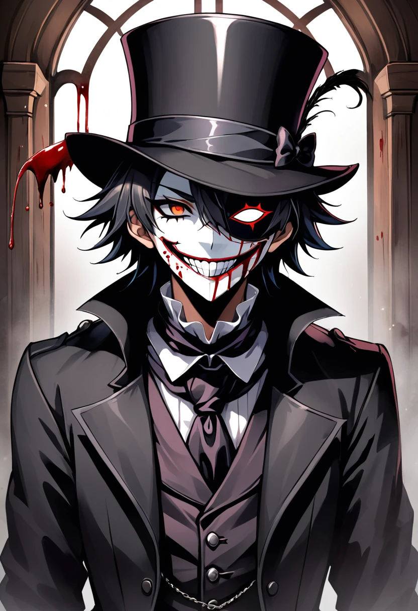 anime male slasher wearinscary anime male wearing a smile mask, suit, and top hat, cool, intimidating, slasher vibes, blood on mask, cool, Victorian, goth, light novel character art, anime creepy smile mask, medieval era, simple smile mask with little detail, jack the ripper