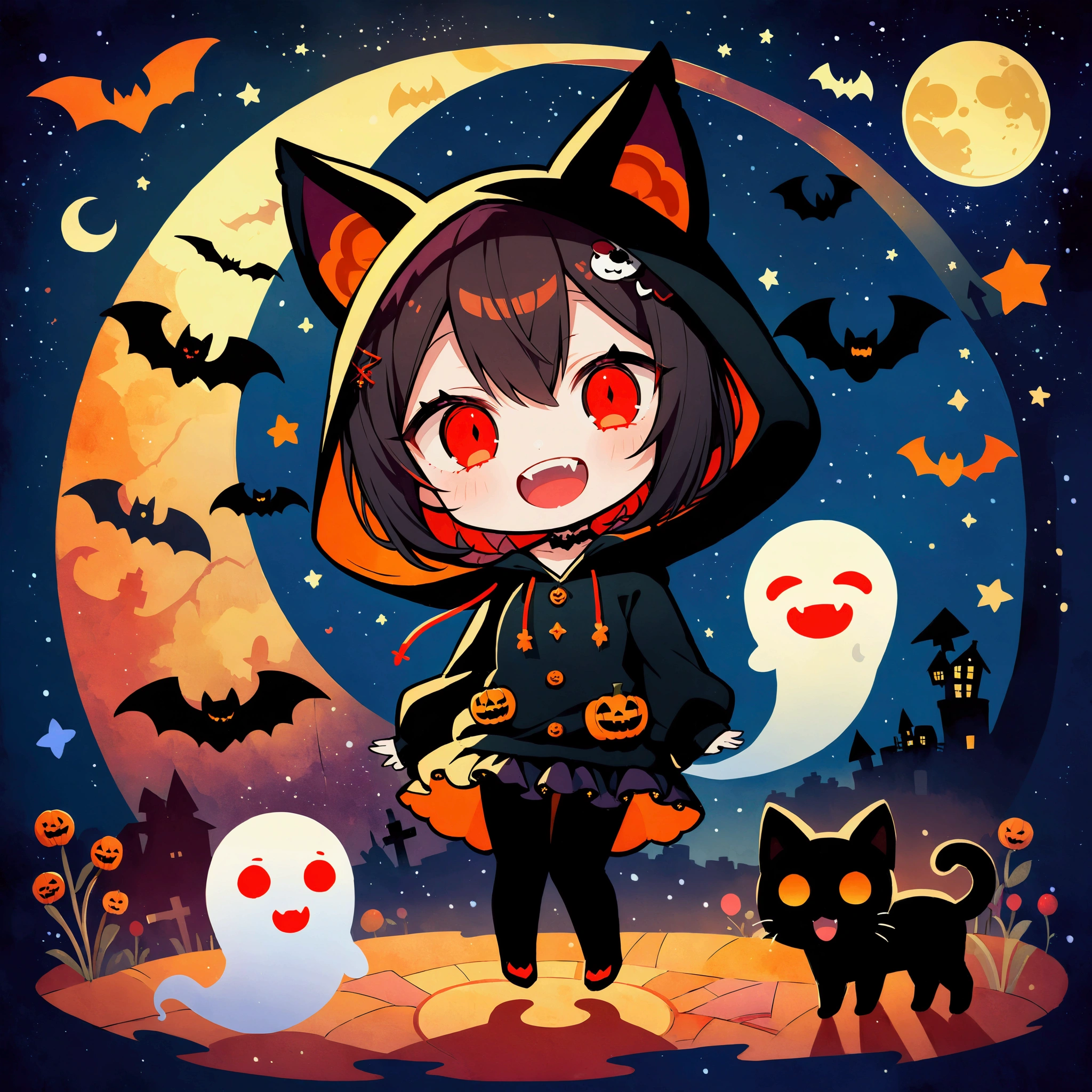 handicraft artwork,patchwork,cloth,button,Felt fabric,Embroidery thread,Handicrafts with a warm and gentle atmosphere,(Halloween,A vampire girl wearing a hooded hoodie with black cat ears laughs,Double teeth:Show your fangs,Red eyes,Chibi, full body,ghost silhouette,Bats,Night Sky,star,moon),A dream-like sight,rustic colors,intricate details,artwork,Three-dimensional