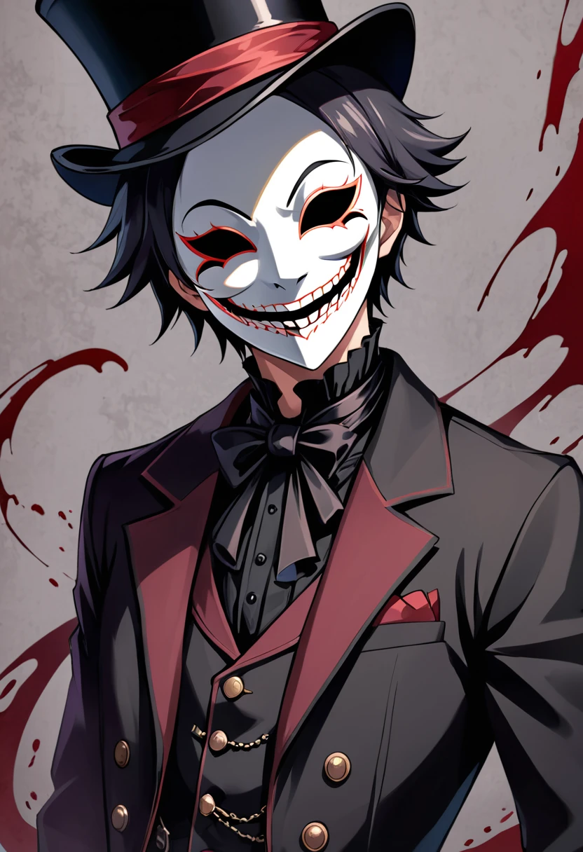 anime male slasher wearinscary anime male wearing a smile mask, suit, and top hat, cool, intimidating, slasher vibes, blood on mask, cool, Victorian, goth, light novel character art, anime creepy smile mask, medieval era, simple smile mask with little detail, jack the ripper, close up shot