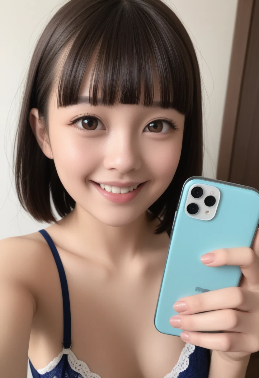 (score_9, score_8_up, score_7_up, score_6_up, score_5_up, score_4_up), (hyperrealistic:1.1), (8k,Photorealistic), (superrealistic:1.4),little-girl taking a selfie,twintail-hair,japanese,tween,(her bra and panty are visible),(she is holding a smartphone in one hand and taking a selfie),Innocence white panty,She is smiling brightly and posing happily,The background is the girl's room.BREAK (short hair,eyes with large brown irises,blunt bangs,small mouth, fresh lips,nose blush),beautiful shiny skin,