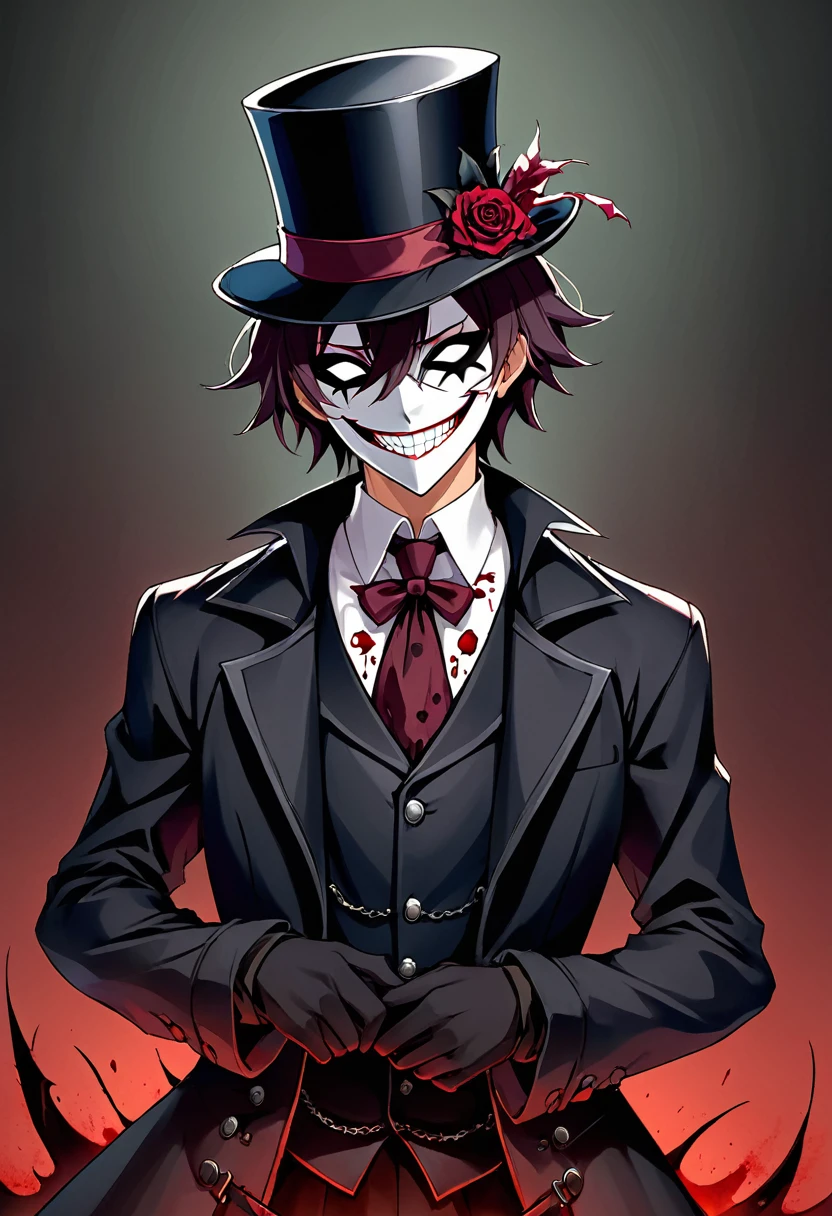 anime male slasher wearinscary anime male wearing a smile mask, suit, and top hat, cool, intimidating, slasher vibes, blood on mask, cool, Victorian, goth, light novel character art, anime creepy smile mask, medieval era, simple smile mask with little detail, jack the ripper, black empty eyes 