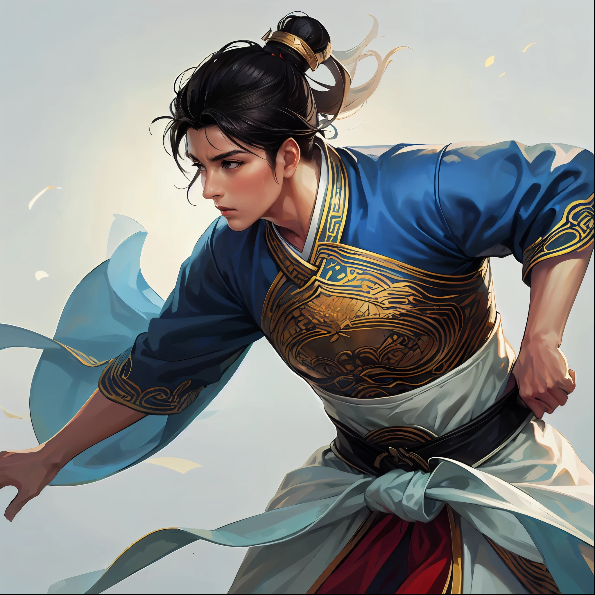 (Best Quality,4K,8k, high definition,masterpiece:1.2),super detailed,(Realistic,photoRealistic,photo-Realistic:1.3),(((1 person))),20-year-old male,The Man with the Black Hair , slender,round face, ancient Chinese wise general ,A soldier in Cao Cao's army :1.2,kind gaze , DYNAMIC LIGHTING ,( blue ancient Chinese Hanfu ,Lightly Armed,dynamic pause, I'm hanging my blue sword around my waist),(( cowboy shot:1.2)),(( white background:1.3,simple background))