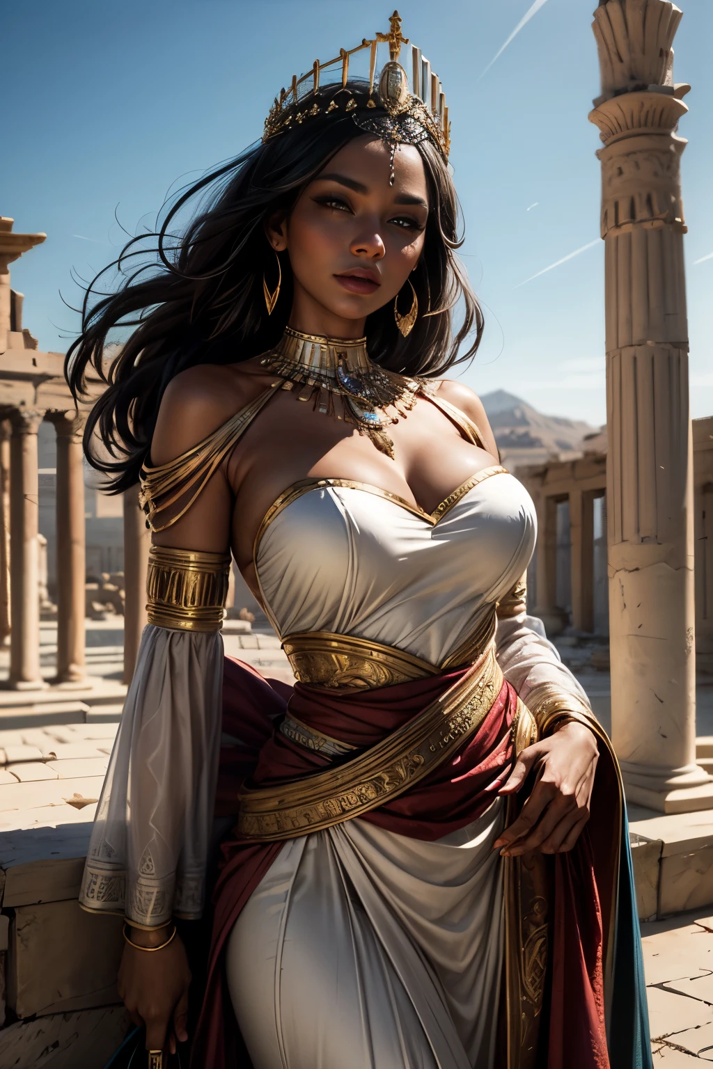 Depict Zenobia, Queen of the East, against the backdrop of ancient Palmyra. She is renowned for her beauty, with dark skin and pearly white teeth. Her large jet-black eyes shine with an extraordinary light while exuding a gentle charm. Zenobia is a woman trained to endure any fatigue, always appearing her military uniform. The background features the magnificent ruins of ancient Palmyra and a desert landscape, highlighting her strength and beauty in a captivating scene.

Depict Zenobia, Queen of Palmyra, in a detailed and historically accurate outfit. She wears an elegant, flowing gown made of fine silk, adorned with intricate gold embroidery and vibrant colors reflecting her royal status. The gown has wide, ornate sleeves and a cinched waist, enhancing her regal silhouette. Her head is adorned with a beautifully crafted golden crown, featuring jewels that glisten in the sunlight. Zenobia's jewelry includes elaborate necklaces and bracelets, showcasing her wealth and elegance. In one hand, she holds a decorative staff symbolizing her power, while the other rests confidently on her hip. The background features the stunning ruins of ancient Palmyra, emphasizing her strength and beauty.
