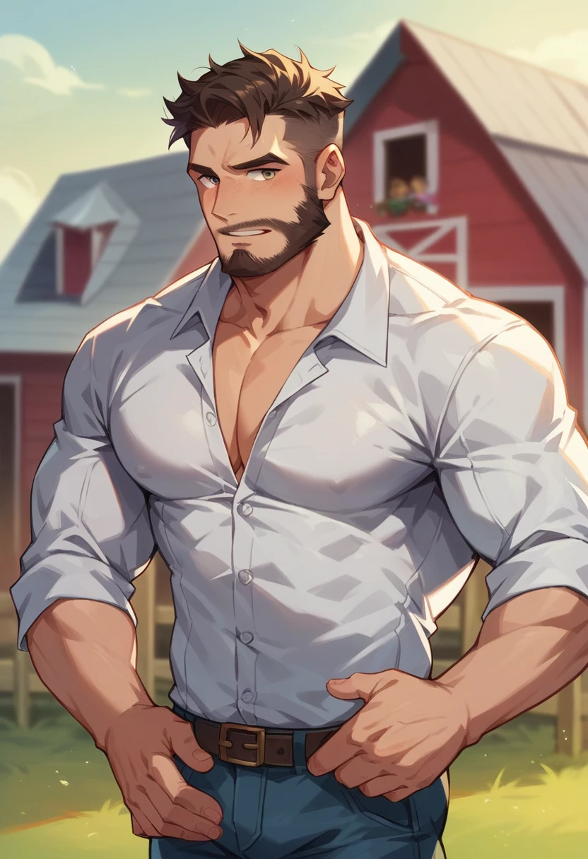 Human Male Adult ,Beard , hair Style , eyes half close, Farm Clothing  , white shirt,