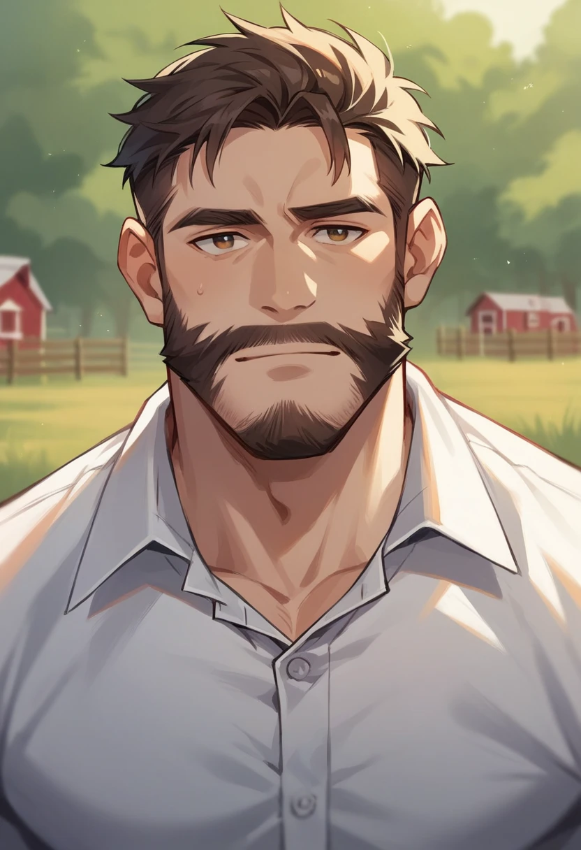 Human Male Adult ,Beard , hair Style , eyes half close, Farm Clothing  , white shirt,