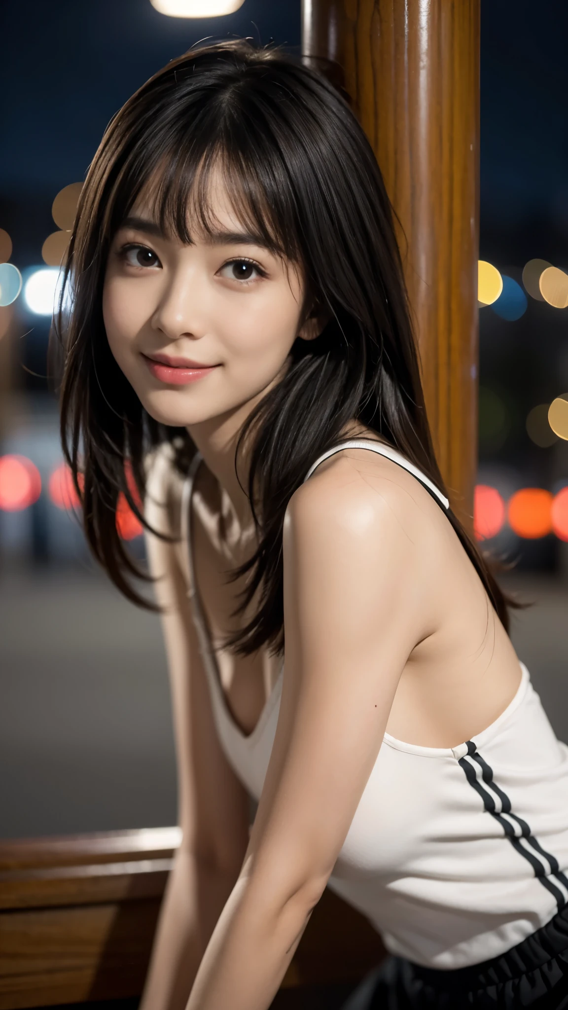 (Best Quality,masterpiece:1.3, ultra high resolution ),(Super detailed,caustics),(Realistic:1.4,RAW shooting),(Vivid color saturation), 1 girl,Flat bangs、smile、 blurry background, C Cup、Night view、 Light Up 、Leaning against a pillar、 trend fashion