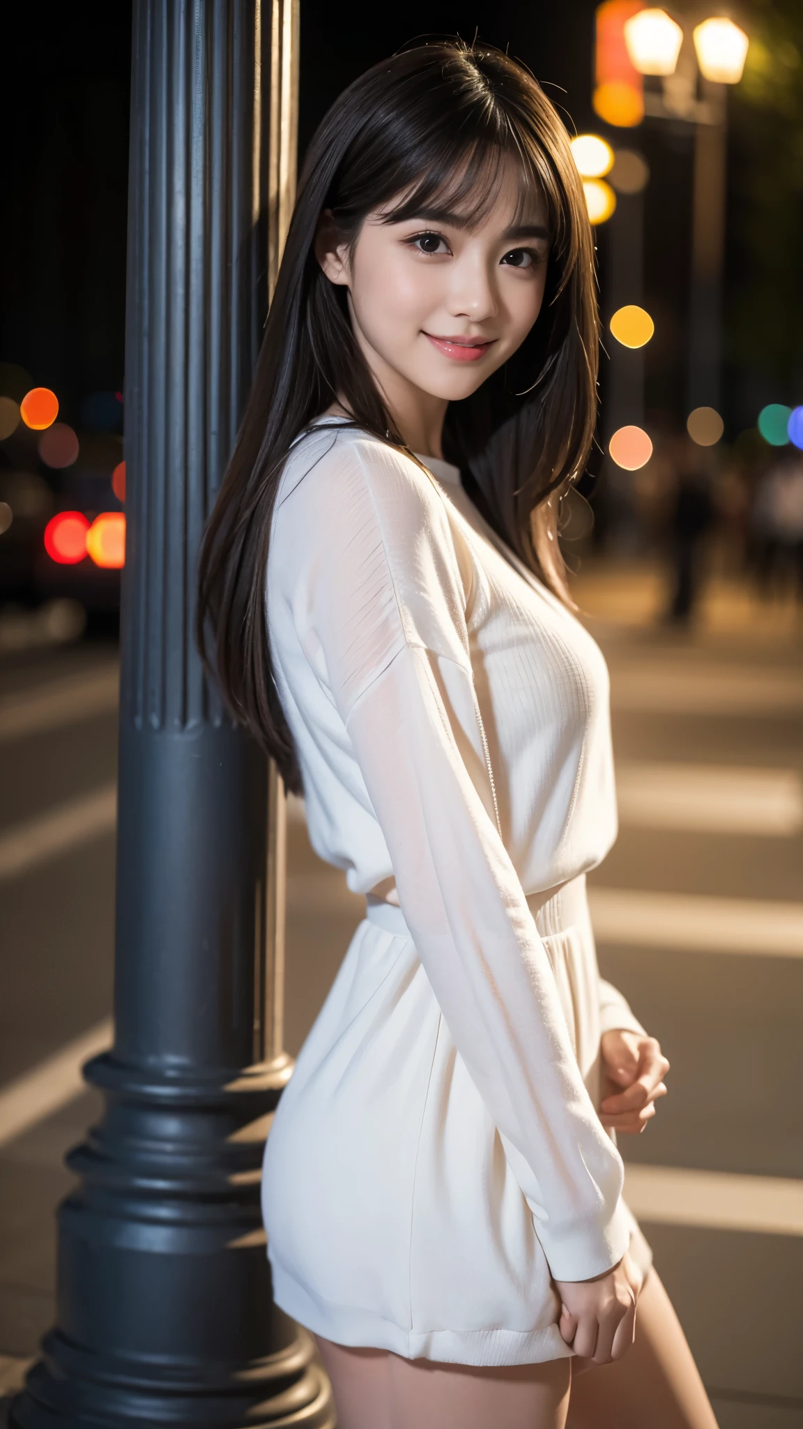 (Best Quality,masterpiece:1.3, ultra high resolution ),(Super detailed,caustics),(Realistic:1.4,RAW shooting),(Vivid color saturation), 1 girl,Flat bangs、smile、 blurry background, C Cup、Night view、 Light Up 、Leaning against a pillar、 trend fashion