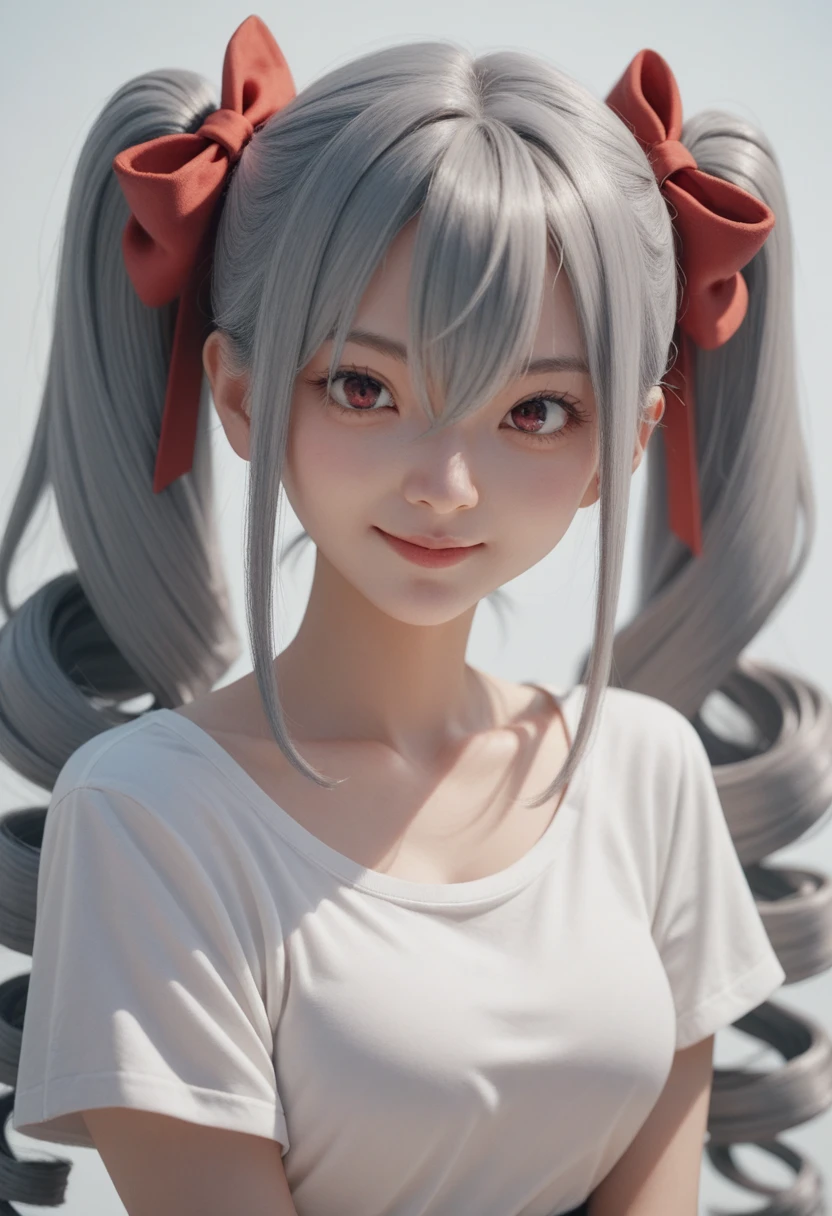 knzkrnk, long hair, grey hair, sidelocks, twintails, drill hair, twin drills, bangs, hair between eyes, hair ornament, hair bow, red eyes, medium breasts,smile