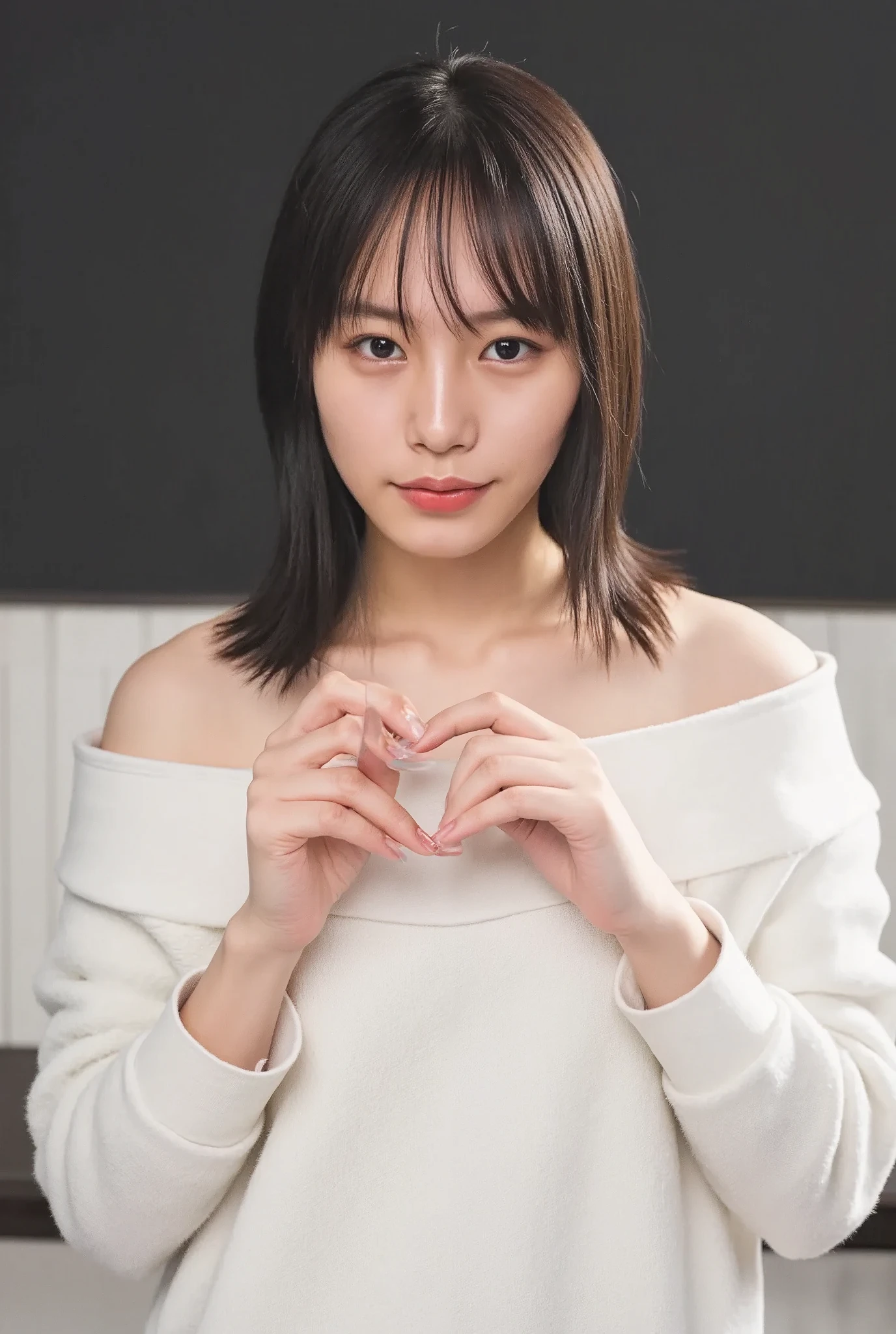 They are wearing off-shoulder pajamas, making a firm big heart shape with both hands, and holding them in front of their chest, View above collarbone、Throat up for a cute smile、The background is a monotone