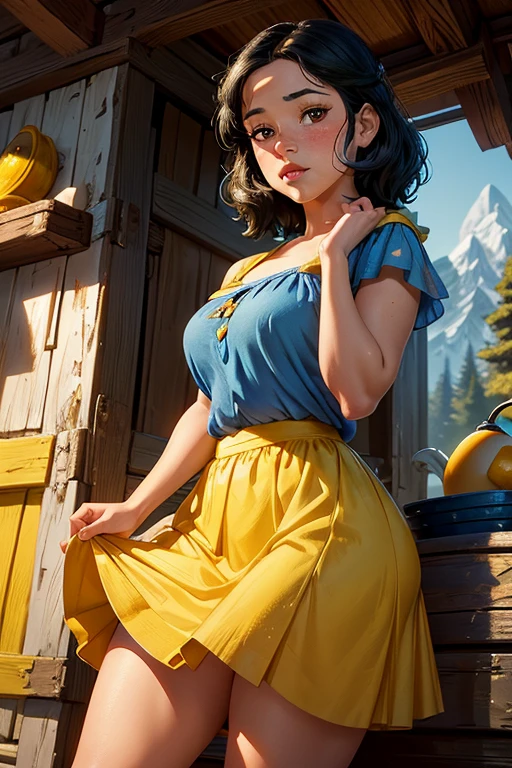 Masterpiece, 1girl, young girl, Jenna Ortega as Snow White, outside 7 dwarfs hut, (blue dress:1.1), (yellow skirt:1.2), (), freckles, blushing, red lips, realistic face, james lemay art style