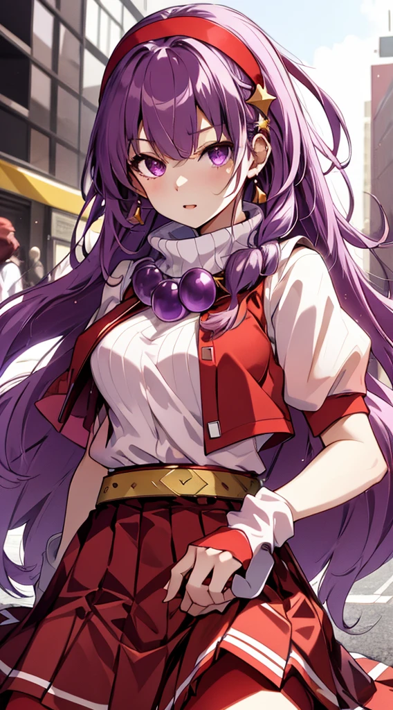 （masterpiece，top-quality， Best Quality，Official Art，Aesthetics and aesthetics：1.2），（ 1 girl：1.3），（ Fractal Art ：1.3），
solo， Athena 97，（ clevis：1.3）（ off-the-shoulder clothing：1.3）
 purple eyes，Purple Hair，  Long White Hair  ，Red Hairband， White High Neck Sweater ，White puffed sleeves，  Red Pleated Skirt ，Yellow Belt， Purple Spherical Necklace ， red fingerless gloves， Red Open Vest ，
 star hair accessories ，耳Nipple Ring，Middle Braid ，Short sleeve，Lie down， crosses legs， urban backdrop ，Street Tokyo