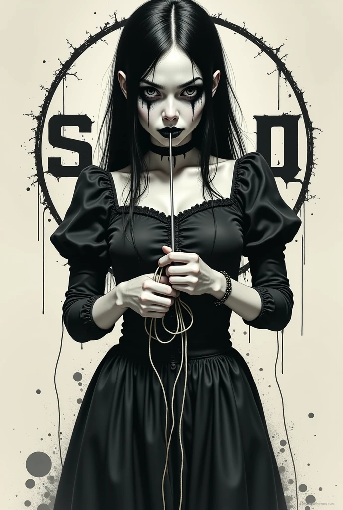  sexy and horror girl with a knitting needle stuck in yarn、Design in a perfect circle、Family Crest、Japanese style、 white and black high contrast design,Death metal band-style typeface 、「S」 shape floating above her head 、「W」 written on it in a death metal band-style typeface、Clown Makeup