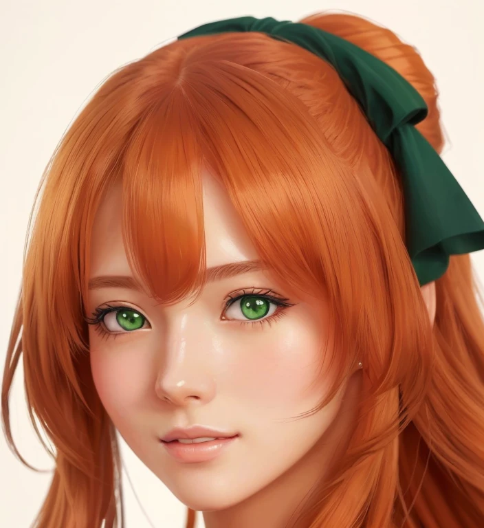   a close up of a woman with a green ribbon on her head,  portrait of Asuka Langley Soryu . Of American and English origin ( perfecta, beautiful, sexy) anime girl in real life, Hyperrealistic anime , asuka langley soryu, Asuka Langley,   beautiful portrait of Springfield  (girlsfrontline  ),  realistic kawaii portrait , Asuka Langley Sohryu, Photorealistic anime,  Has long orange-brown hair  , realistic young anime girl,   with no flowers on the ribbon and her hair , ojos de color verde