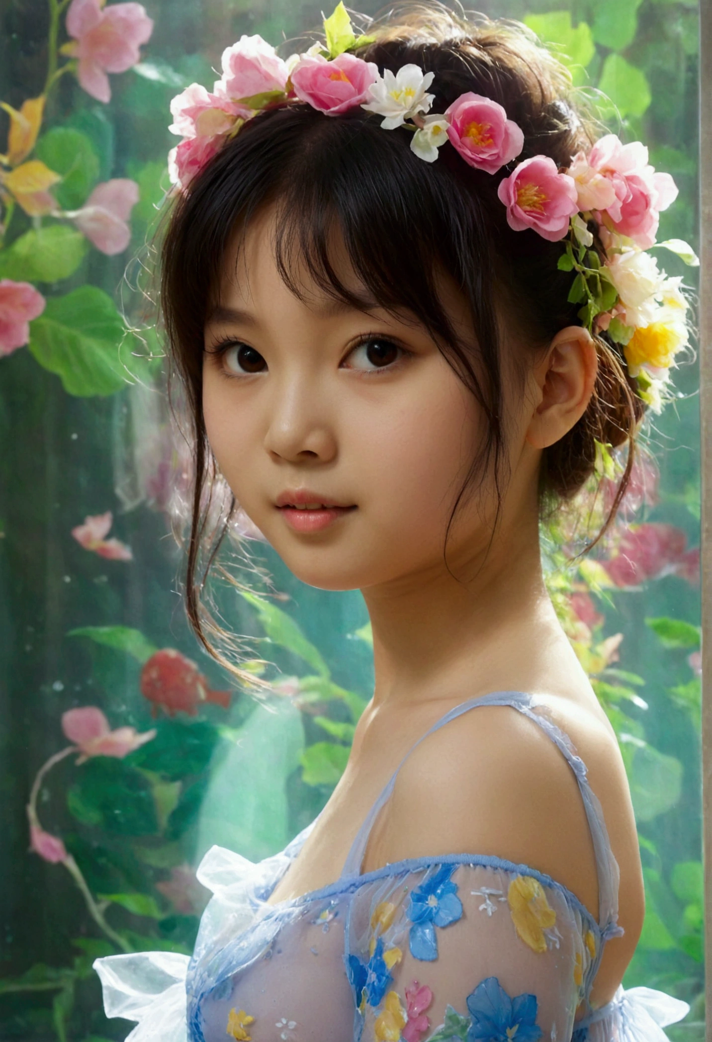 Masterpiece, UHD, 8K, most beautiful asian girl in the world, cute girl, age 9, small-budding breast, pale skin, juvpretty-girl physique, elementary_school-girl physique, charming girl, One-piece style sheer fabric dress, sheer fabric, translucent clothes, standing, from the front, act very pretty