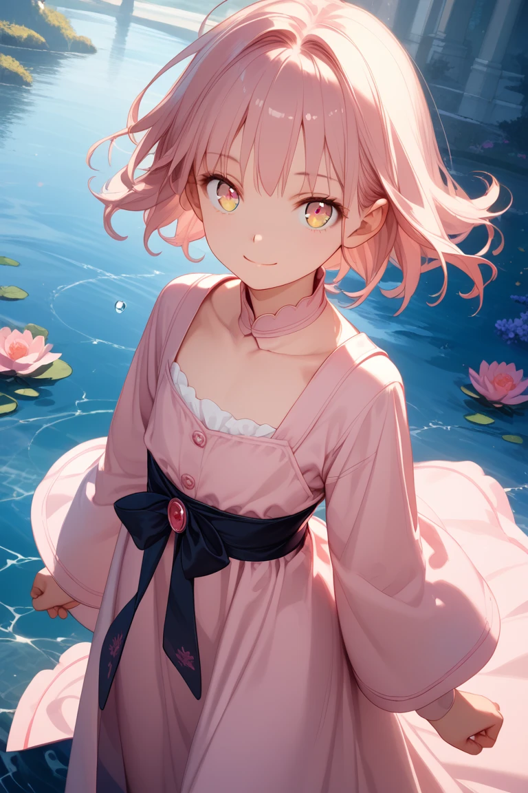  score_9, score_8_up, score_7_up, Best Quality,High resolution, Ultra-detailed,Game CG,Dutch Angle,Beautiful detailed eyes,Ichiki_fe,Solo,lightsmile,flat chest,Petite,skinny,Pink robe,Looking at Viewer,Cowboy Shot,walking on water,kosmos,Fantastic world,Lens Flare