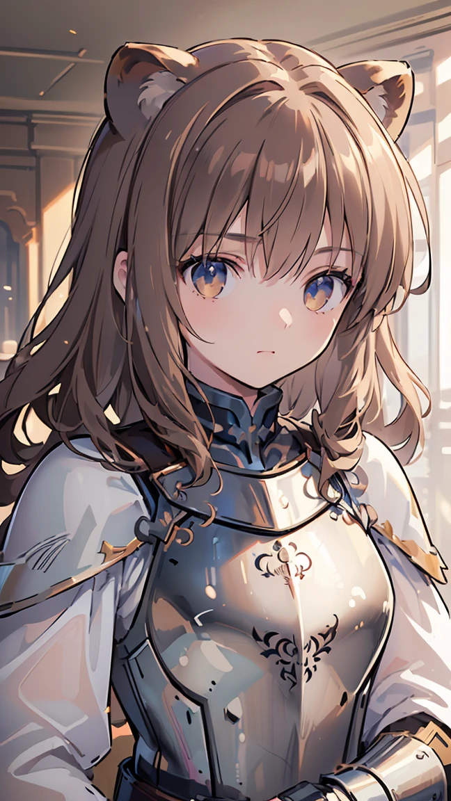 (((Best quality, 8k, Masterpiece: 1.3)), ((best quality)), ((masterpiece)), (detailed), perfect face, perfect body, light brown hair, curly hair, big hair, raccoon ears, Luxurious armor, knight, steel armor, sword, Detailed metal armor