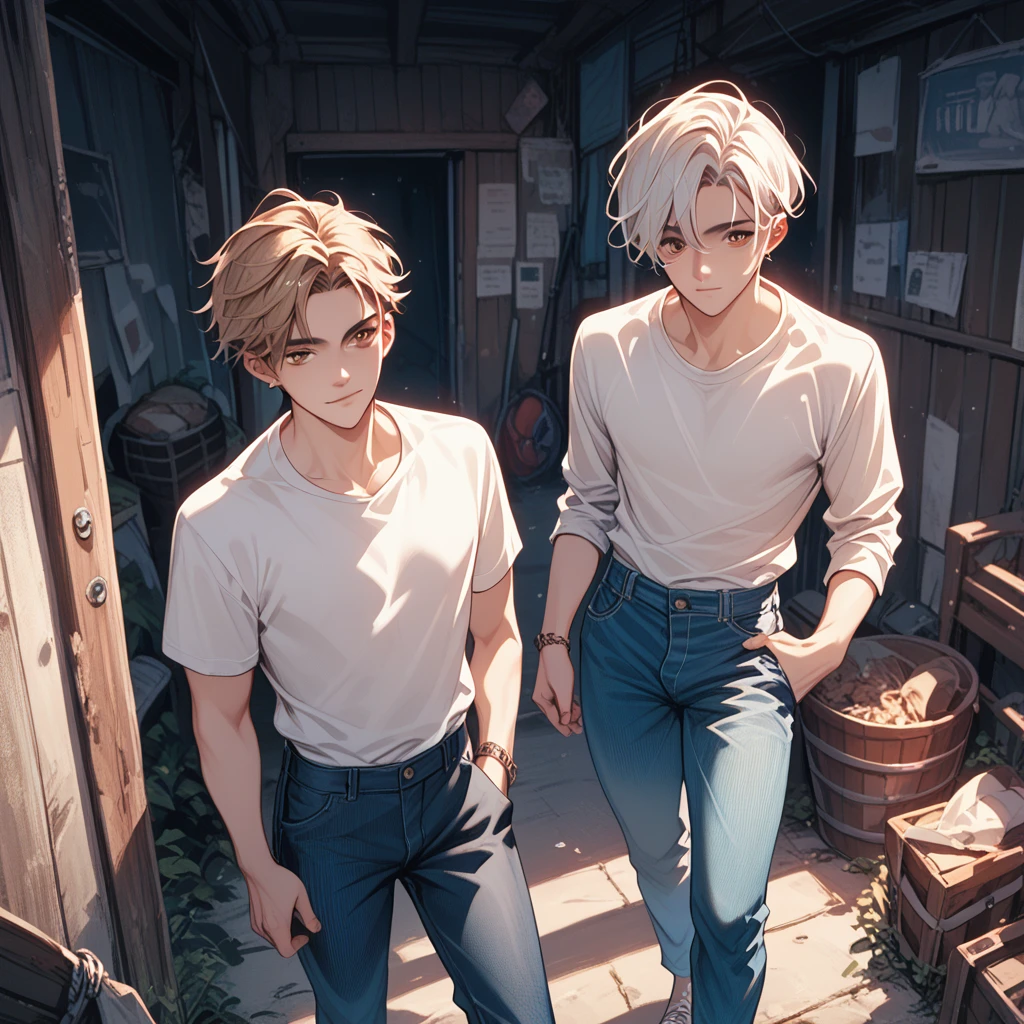 Two men with short blond hair , Brown eyes,  white shirt with blue stripes , Dark blue jeans,  stand in front of the attic background in the style of a jibli studio
