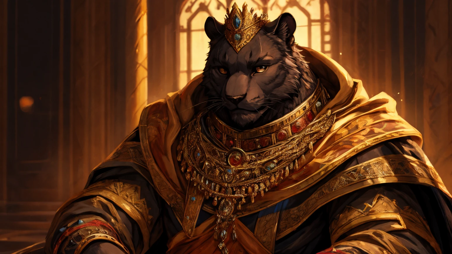 Style influences: Baroque, with elements of Romanticism. anthro panther Create a realistic portrait of a young king wearing a golden crown adorned with small jewels, sitting in quiet introspection. His expression is melancholic, with downcast eyes and a slight tilt to his head, suggesting a weight on his heart. Use a Baroque-inspired style with dramatic lighting and deep shadows (chiaroscuro) that emphasizes his facial features, bringing a lifelike, almost ethereal quality to his skin. The background should be dark and softly blurred to keep the focus on the king's face. Add a fur collar and intricate, royal details to his clothing, evoking a sense of grandeur and nobility. The color palette should be rich and muted, with deep browns, reds, and golds that enhance the mood of solemnity and introspection. Ensure the brushstrokes are soft and blended to create a seamless, polished finish typical of classical portraits, capturing the emotional weight of royalty and the burden of leadership.

