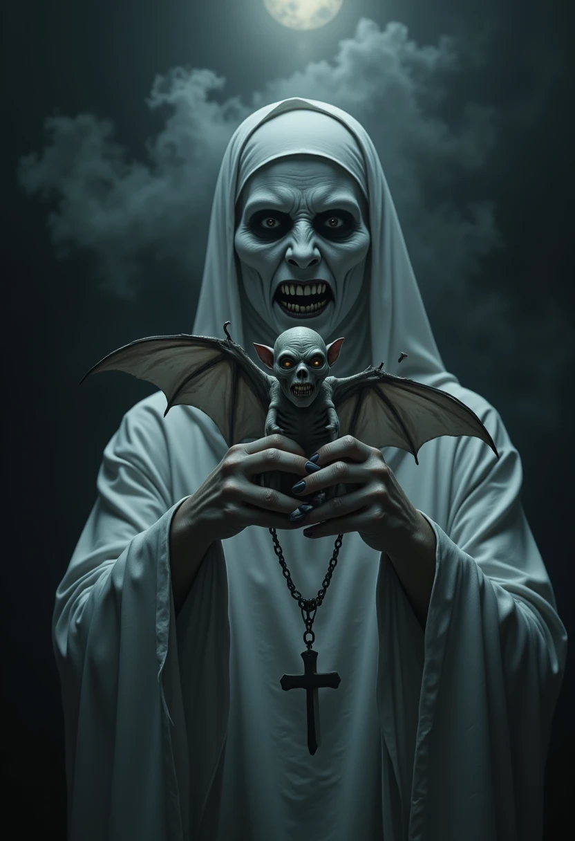 horror show, monster, nightmare, fear, Cinematic style, play of shadow and light, 
Highly detailed, digital artwork of a macabre, surreal scene: a pale, expressionless nun with stark white habit, dark hollow eyes, and sharp teeth, wearing a chain with a crucifix pendant. Her face is covered in thick white makeup, giving a ghostly, skeletal appearance. A small, bat-like creature with humanoid face and wings is suspended before her, with wide eyes and sharp teeth, pale grayish skin, and visible ribs and joints. Dark, smoky background with faint, glowing light source, emphasizing the eerie atmosphere.
