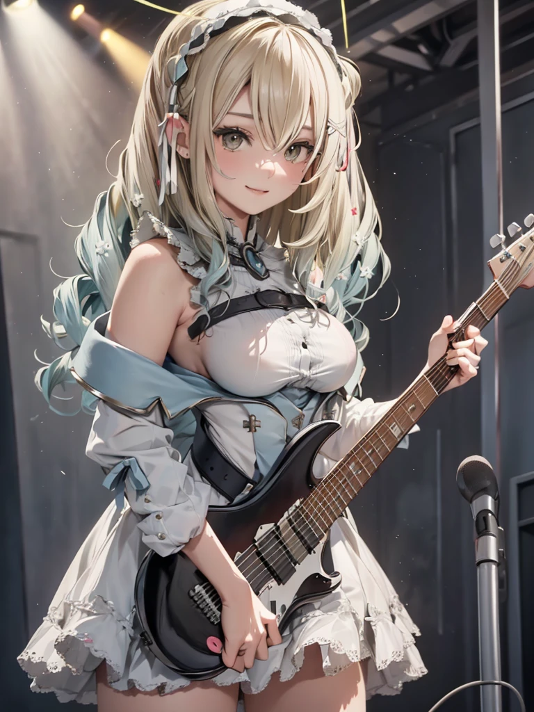 8k, Best Quality, Real photo,   intricate detail ,  very detailed,   ultra high resolution ,   depth field  , ( Realistic, Realistic),   Table Top Covering Upper Arms , ((   Full Body Shot   )), ((((  standing and playing electric guitar )))), (((  1 girl))), eye_Chan,   so beautiful, innocent big eyes,  Beautiful breasts,  very detailedなeye, ( Beautiful breasts), ((blonde)), ( Short semi-long hair  ), (   asymmetrical bangs ), Perfect Skin,  white skin, Small breasts,  thin waist, Alone, (  stares at viewers ), (smile), ((naked)), (Pussy), (  standing in concert hall   )