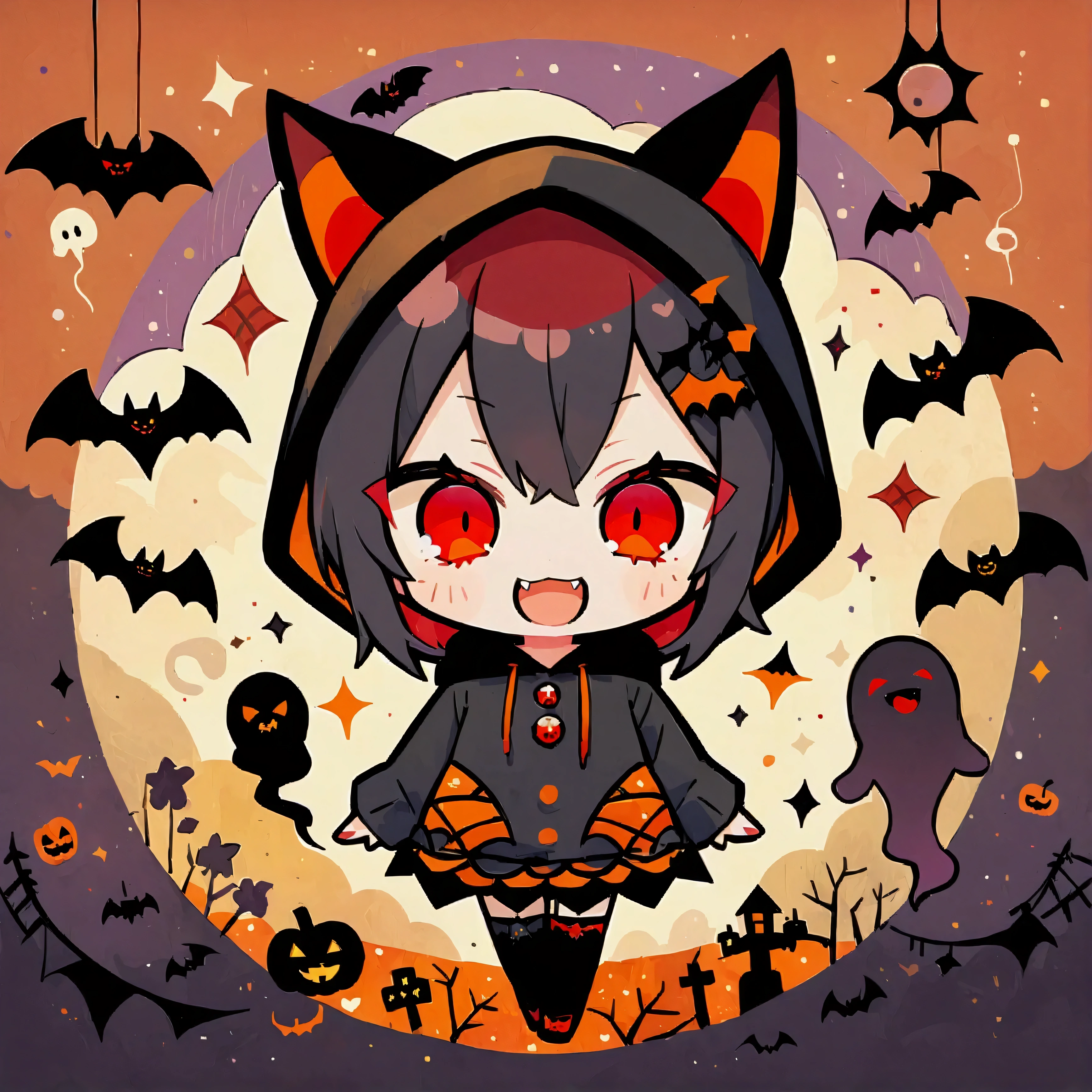 handicraft artwork,patchwork,cloth,button,Felt fabric,Embroidery thread,Handicrafts with a warm and gentle atmosphere,(Halloween,A vampire girl wearing a hooded hoodie with black cat ears laughs,Double teeth:Show your fangs,Red eyes,Chibi, full body,ghost silhouette,Bats),A dream-like sight,rustic colors,intricate details,artwork,Three-dimensional