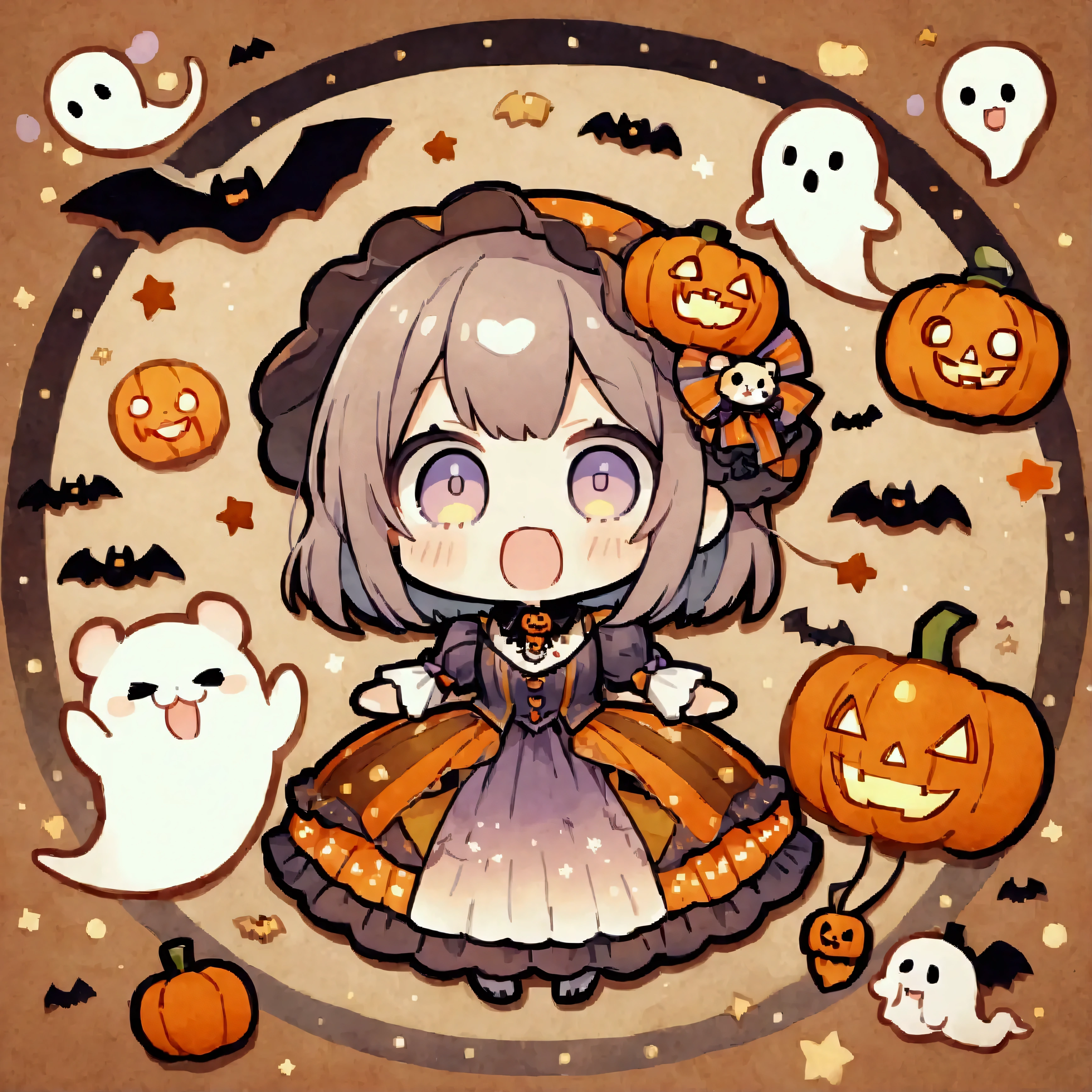 handicraft artwork,patchwork,cloth,button,Felt fabric,Embroidery thread,Handicrafts with a warm and gentle atmosphere,(Halloween,A girl dressed up as a hamster laughs, opens her mouth,Chibi, full body, pumpkin,ghost silhouette,Bats),A dream-like sight,rustic colors,intricate details,artwork,Three-dimensional