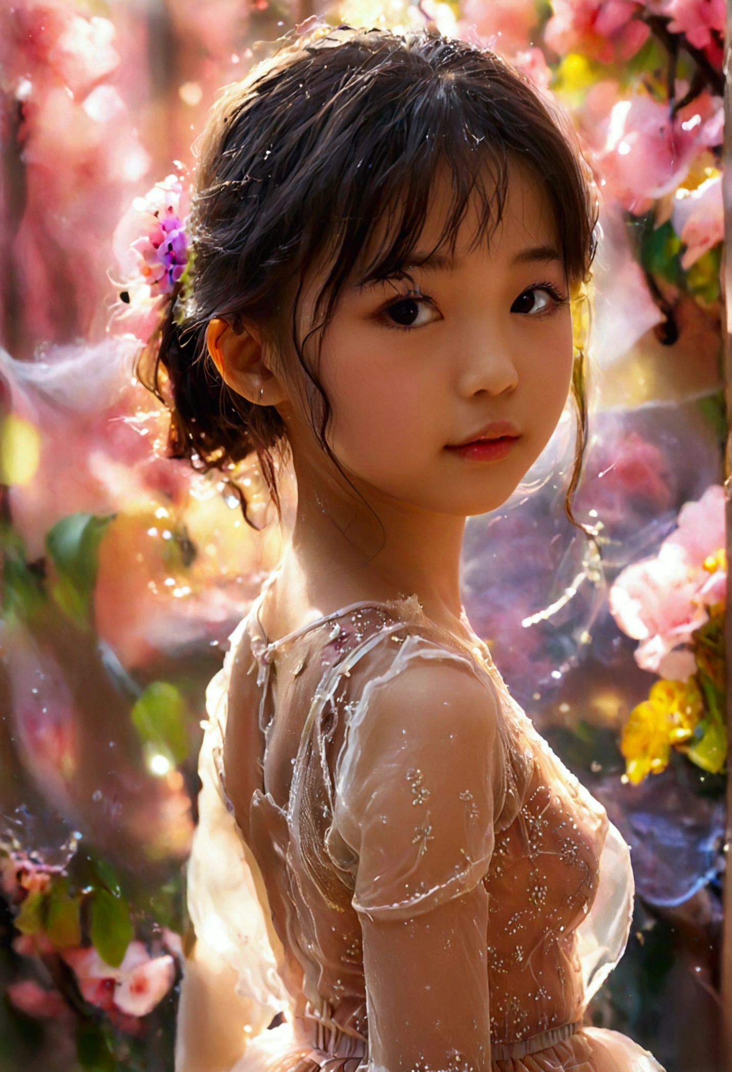 Masterpiece, UHD, 8K, most beautiful asian girl in the world, cute girl, age 9, small-budding breast, pale skin, juvpretty-girl physique, elementary_school-girl physique, charming girl, One-piece style sheer fabric dress, sheer fabric, translucent clothes, standing, from the front, act very pretty