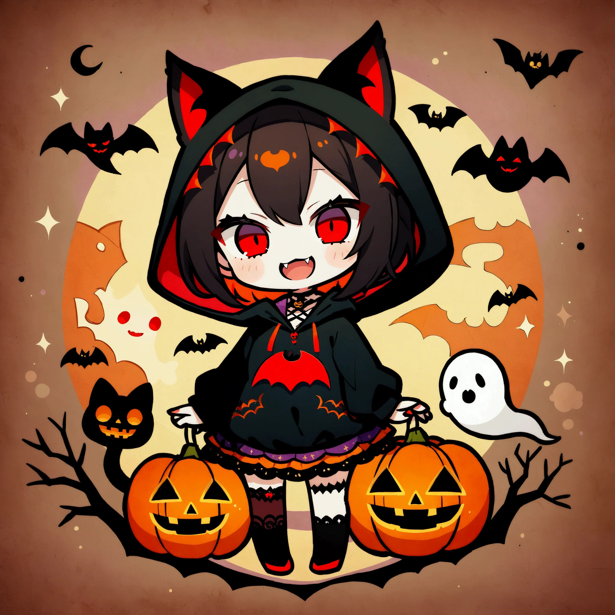 handicraft artwork,patchwork,cloth,button,Felt fabric,Embroidery thread,Handicrafts with a warm and gentle atmosphere,(Halloween,A vampire girl wearing a hooded hoodie with black cat ears laughs,Double teeth:Show your fangs,Red eyes,Chibi, full body, pumpkin,ghost silhouette,Bats),A dream-like sight,rustic colors,intricate details,artwork,Three-dimensional