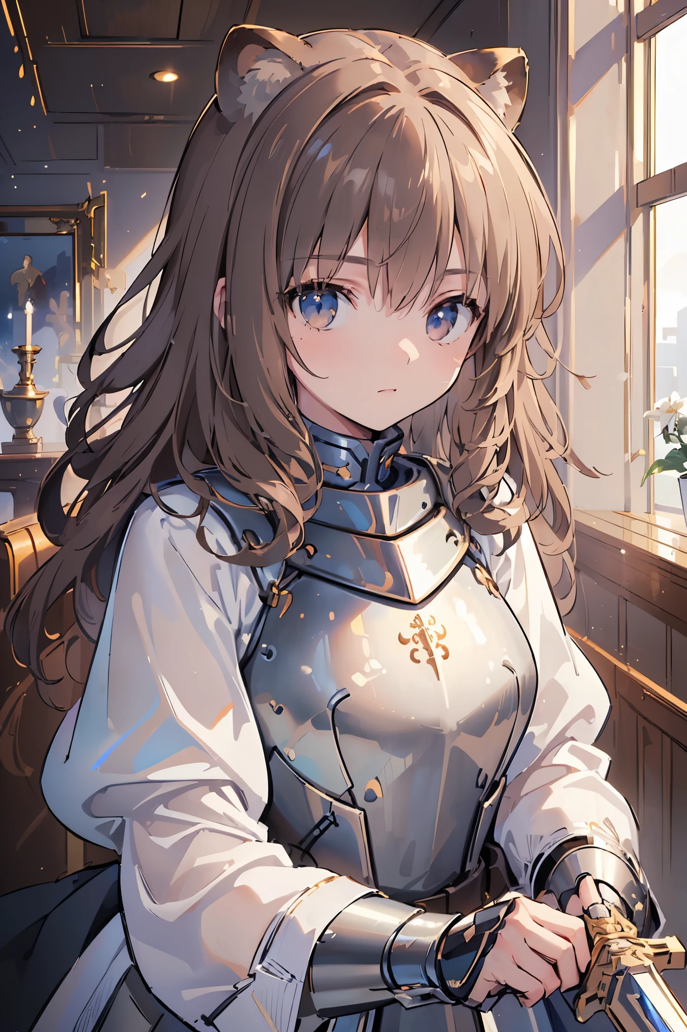 (((Best quality, 8k, Masterpiece: 1.3)), ((best quality)), ((masterpiece)), (detailed), perfect face, perfect body, light brown hair, curly hair, big hair, raccoon ears, Luxurious armor, knight, steel armor, sword, Detailed metal armor