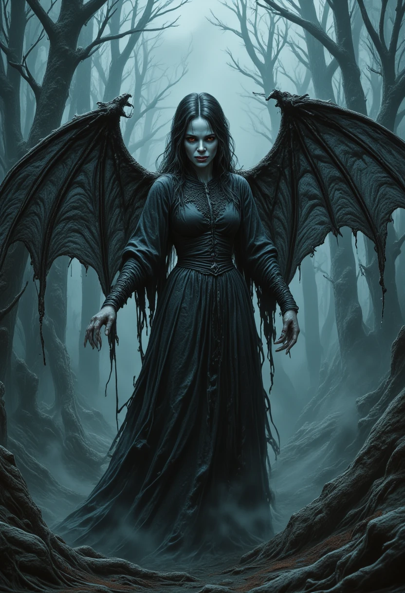 horror show, monster, nightmare, fear, Cinematic style, play of shadow and light, 
A highly detailed illustration of a vampire girl with large, dark bat-like wings. She stands in a dramatic pose, with pale white skin and glowing red eyes. Her long black hair flows down her back, blending into the dark background. She wears a gothic black dress with intricate lace details, torn at the edges. Her fangs are visible, and she has a slight smirk, revealing her predatory nature. Her wings are outstretched, with sharp, bony structures, and veins glowing faintly red. The background is a dimly lit forest, with tall, dead trees and a heavy mist rolling in, adding to the eerie, dark atmosphere. watercolor, wet on wet, paintstreaks, watercolor painting, , illustration, cartoon, drawing, , horror show, monster, nightmare, fear