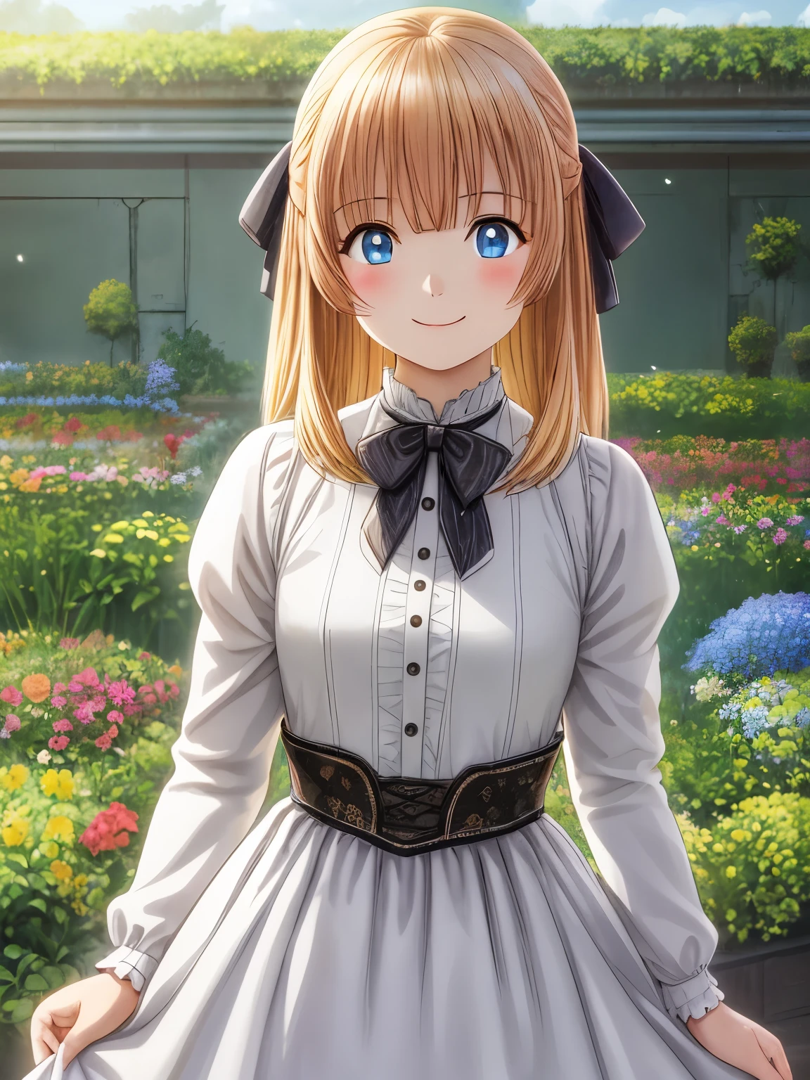 masterpiece、Best Quality、One person、 1 girl、Smiling、blush、Lycia Plaid , Pixel Perfect 、Standing、綺麗に花咲くgarden、（ anime illustration style:1.3）、garden、Flower Garden、smile、Perfect in every detail, Orange Beautiful Hair 、Clear Blue Beautiful Eyes 、 hair ribbon、pure white dress long sleeve bow ruffle、 Watch Viewers 、smile, beautiful eyes、 sharp pupils 、(Genuine、Realistic、Realistic:1.2)、 high definition、 high definition、 super fine painting、 cowboy shot