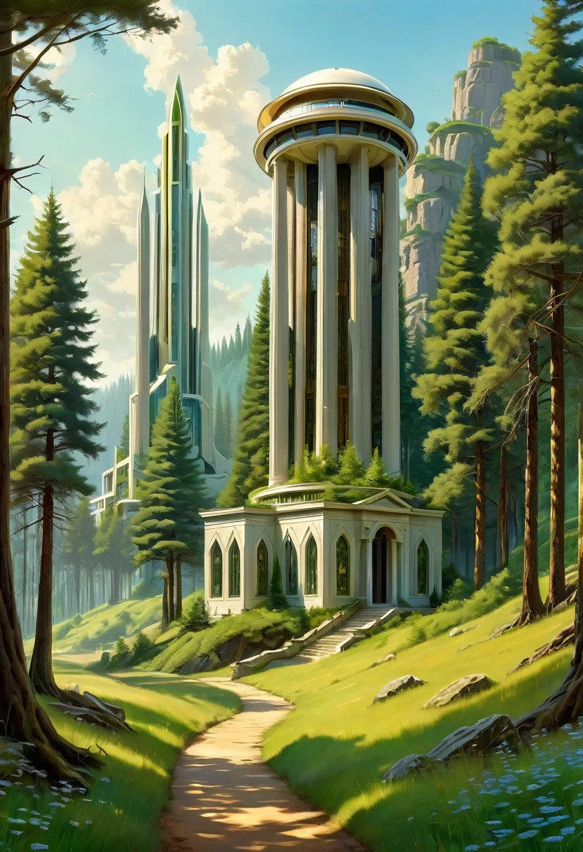 ralph-mcquarrie style, greek architecture done in a sci-fi style on a beautiful forest and meadow scene with tall buildings and open green spaces, oil painting, beautiful, highly detailed