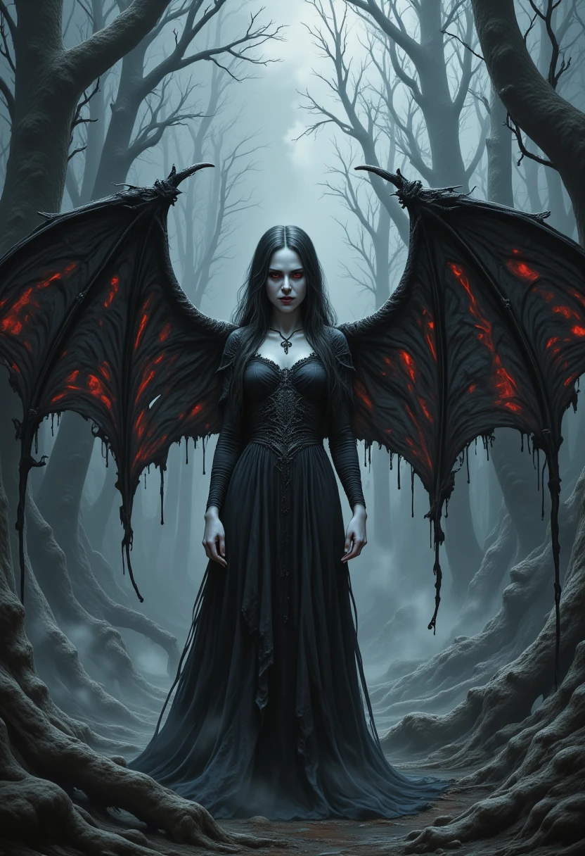 horror show, monster, nightmare, fear, Cinematic style, play of shadow and light, 
A highly detailed illustration of a vampire girl with large, dark bat-like wings. She stands in a dramatic pose, with pale white skin and glowing red eyes. Her long black hair flows down her back, blending into the dark background. She wears a gothic black dress with intricate lace details, torn at the edges. Her fangs are visible, and she has a slight smirk, revealing her predatory nature. Her wings are outstretched, with sharp, bony structures, and veins glowing faintly red. The background is a dimly lit forest, with tall, dead trees and a heavy mist rolling in, adding to the eerie, dark atmosphere. watercolor, wet on wet, paintstreaks, watercolor painting, , illustration, cartoon, drawing, , horror show, monster, nightmare, fear