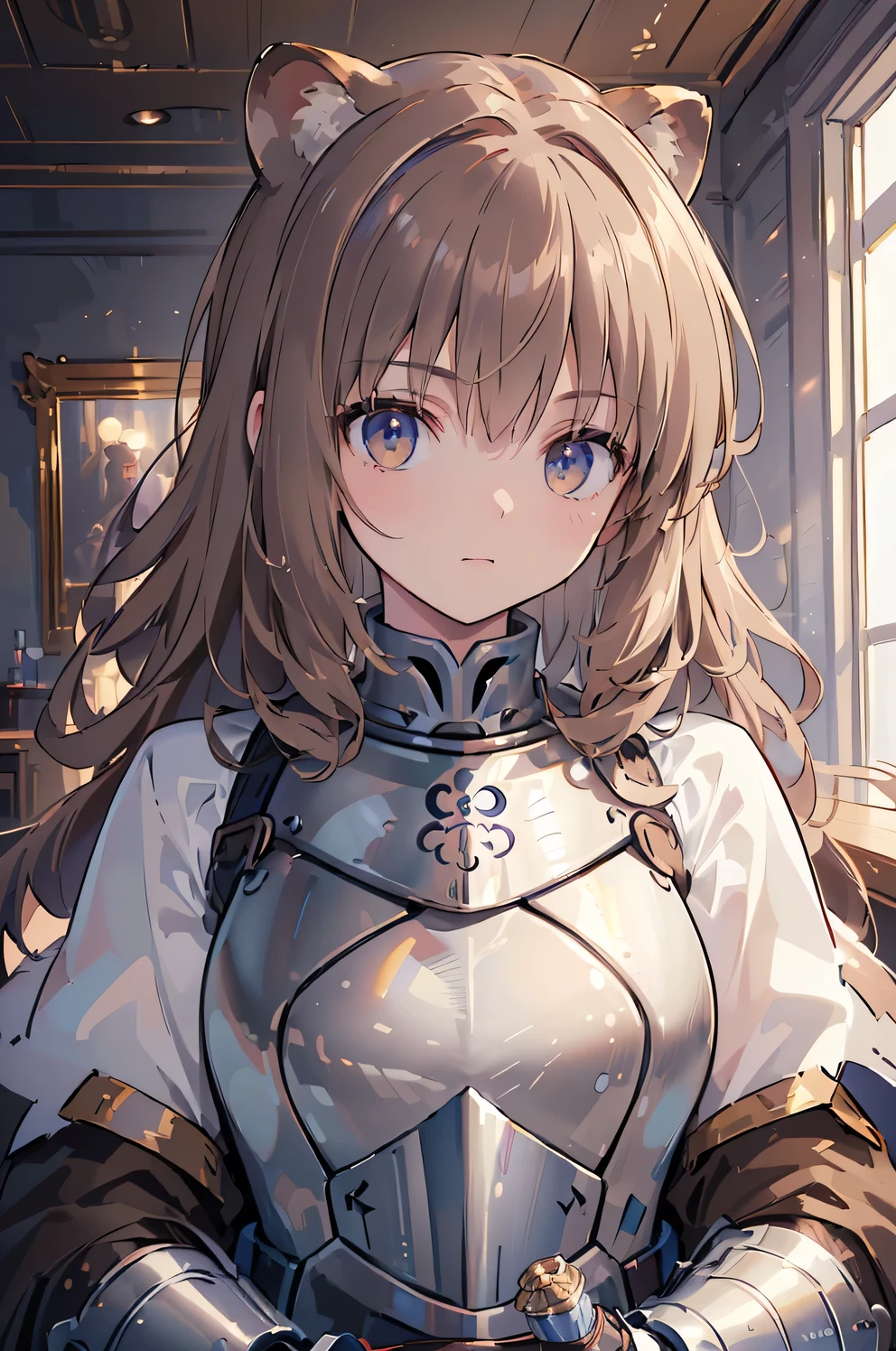 (((Best quality, 8k, Masterpiece: 1.3)), ((best quality)), ((masterpiece)), (detailed), perfect face, perfect body, light brown hair, curly hair, big hair, long hair, raccoon ears, Luxurious armor, knight, steel armor, sword, Detailed metal armor