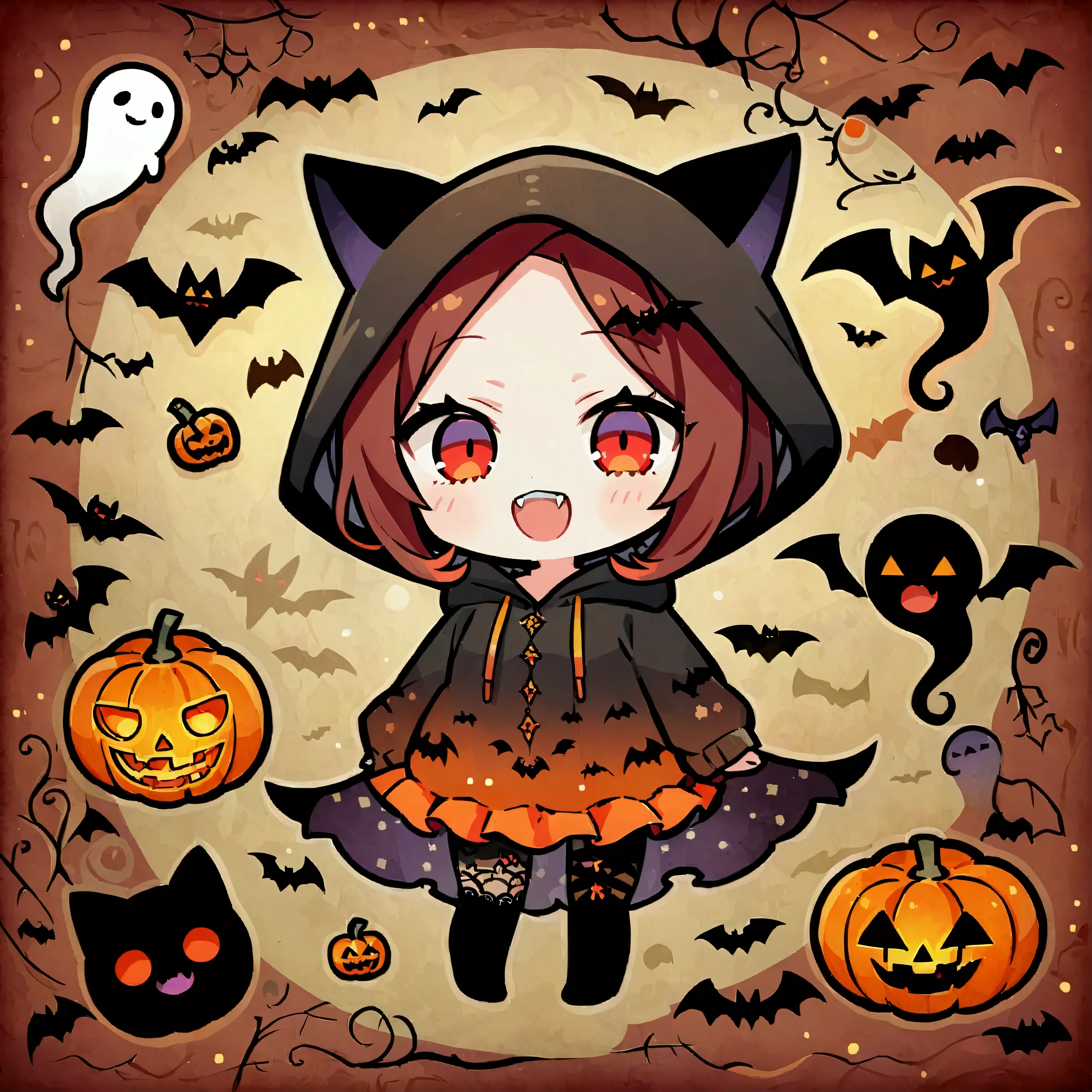 handicraft artwork,patchwork,cloth,button,Felt fabric,Embroidery thread,Handicrafts with a warm and gentle atmosphere,(Halloween,A vampire girl wearing a hooded hoodie with black cat ears laughs,Double teeth:Show your fangs,Red eyes,Chibi, full body, pumpkin,ghost silhouette,Bats),A dream-like sight,rustic colors,intricate details,artwork,Three-dimensional