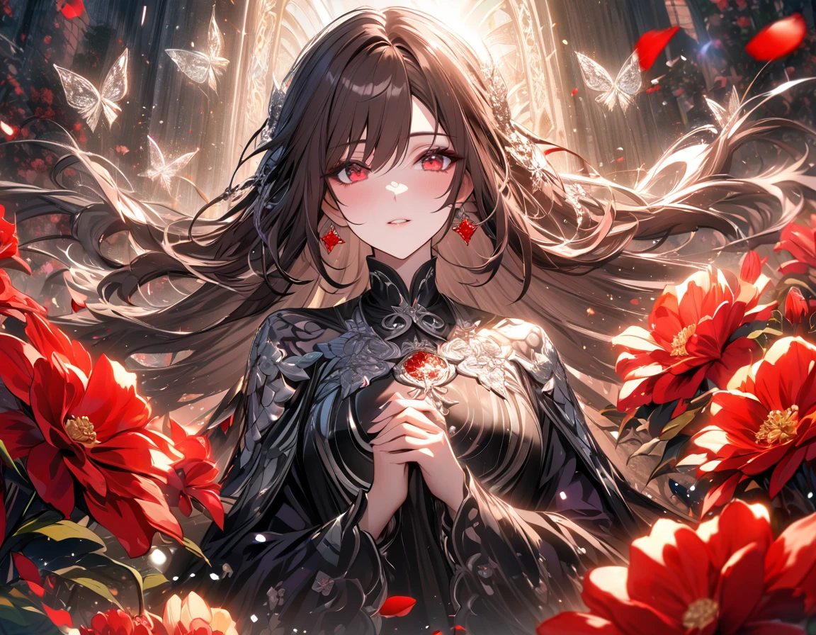 Ultra detailed, HDR, Highres, absurdres, master piece, Hua Cheng, expressive red eyes, dark brown hair, Heaven Official's blessing,glittering silver butterflies, petals, purple and black clothes, red flowers, beatiful, beautiful woman, extremely detailed face and eyes, glittering,