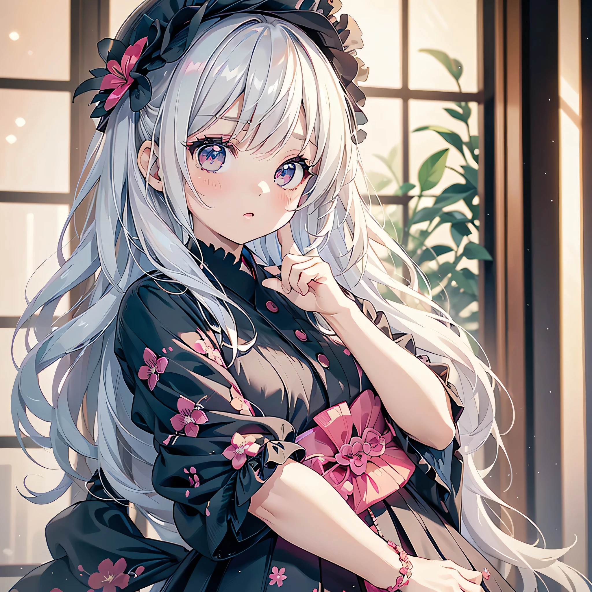 1girl,Handsome face、 face、((( perfect anatomy 、HHD,3d, Best Details、The best composition、Best Quality、 masterpiece、Super detailed、 high definition)))、Front picture、Milky white hair color、multicolor 、 long straight 、Cyan inner color 、Star Fairy、 neon color 、 small white silk hat 、Goth kimono 、 mini length with frills 、 cuffs are wide and ruffled、 black and pink goth kimono 、(Long eyelashes )、kawaii tech,Plumeria flower、🌸、