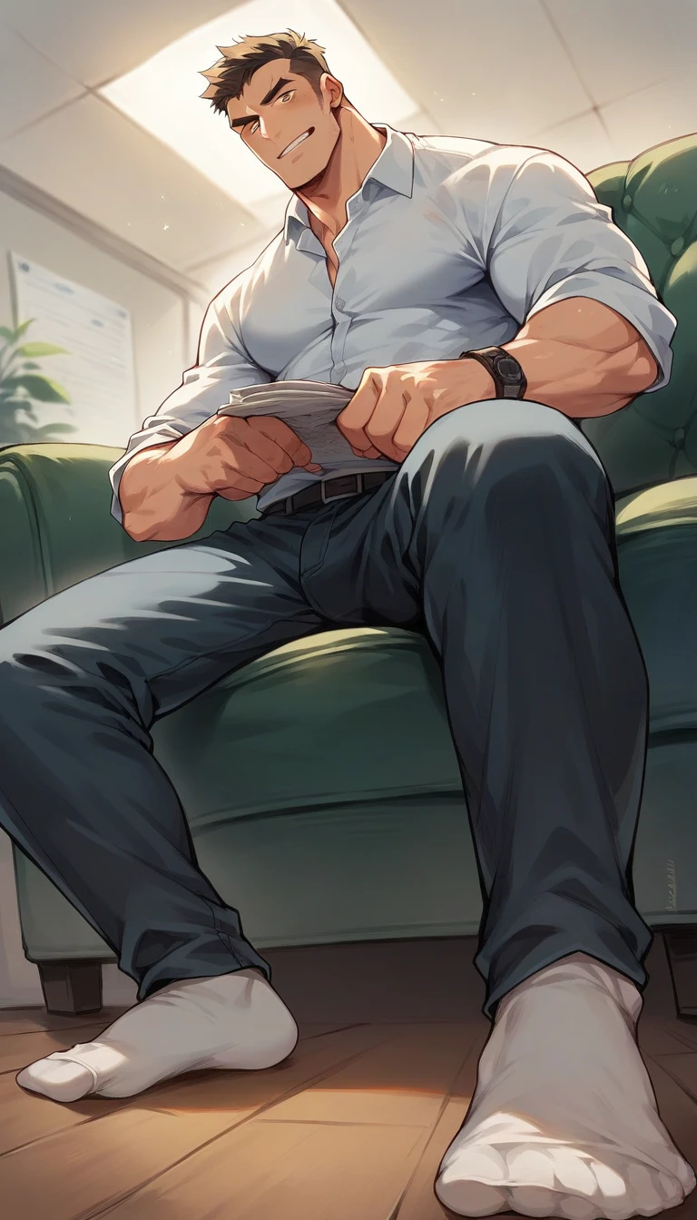 (1 Adult male),A high resolution, Sharp focus, Pixiv masterpiece, ((Complicated details)), highly detailed, natsuki_subaru, 1 man,perfect male figure,Urine on the trouser leg, Nervously bow your head,is shy,embarressed,exhilarated,is shocked,panicking,worry,A pool of urine formed around him,Very eager to pee,Unbearable,Wet yourself,Urine discharge,full bodyesbian,sit astride,Tired,decadent, blue color eyes(eyes glowing), Black hair short hair,white shirt,Wear a tie,Wear a belt,trousers,perspire,Drenched,Get wet,pissing,urine flows down the pants,look from down