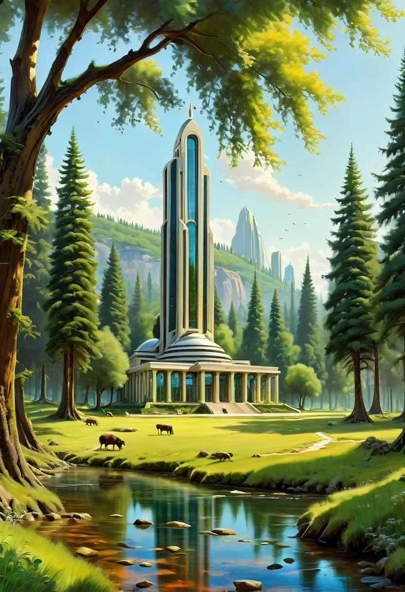 ralph-mcquarrie style, greek architecture done in a sci-fi style on a beautiful forest and meadow scene with tall buildings and open green spaces, oil painting, beautiful, highly detailed