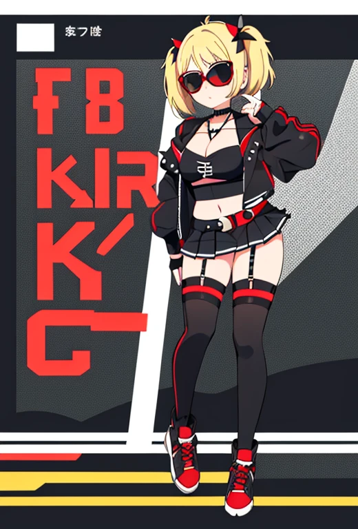 1girl,solo,(Burnice_ZZZ), short hair, short twintails, hair ornament, sunglasses, eyewear on head ,
BurniceWhite, short hair, short twintails, hair ornament, sunglasses, eyewear on head, red halterneck, black tube top, crop top, cleavage, midriff, black jacket, fingerless gloves, spiked belt, black skirt, red thigh straps, black thighhighs,score_9, score_8_up, score_7_up, score_6_up, score_5_up, score_4_up,  full body , full body art , 1 girl , blonde hair , teenager girl , tall teenage girl