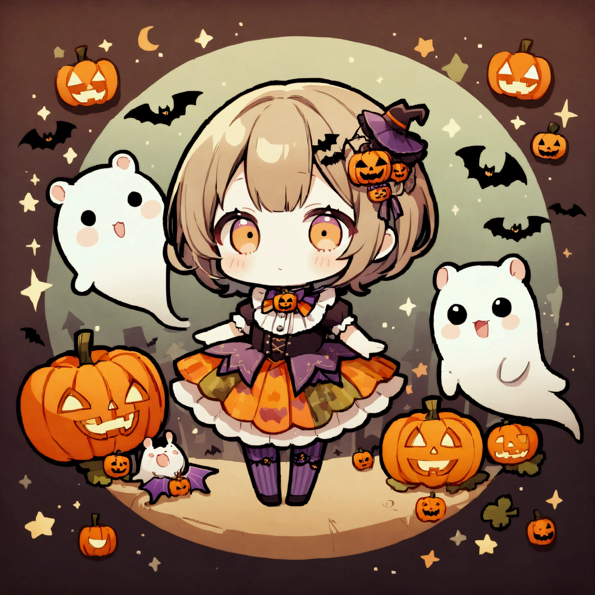 handicraft artwork,patchwork,cloth,button,Felt fabric,Embroidery thread,Handicrafts with a warm and gentle atmosphere,(Halloween,A girl dressed up as a hamster laughs,fine,Chibi, full body, pumpkin,ghost silhouette,Bats),A dream-like sight,rustic colors,intricate details,artwork,Three-dimensional