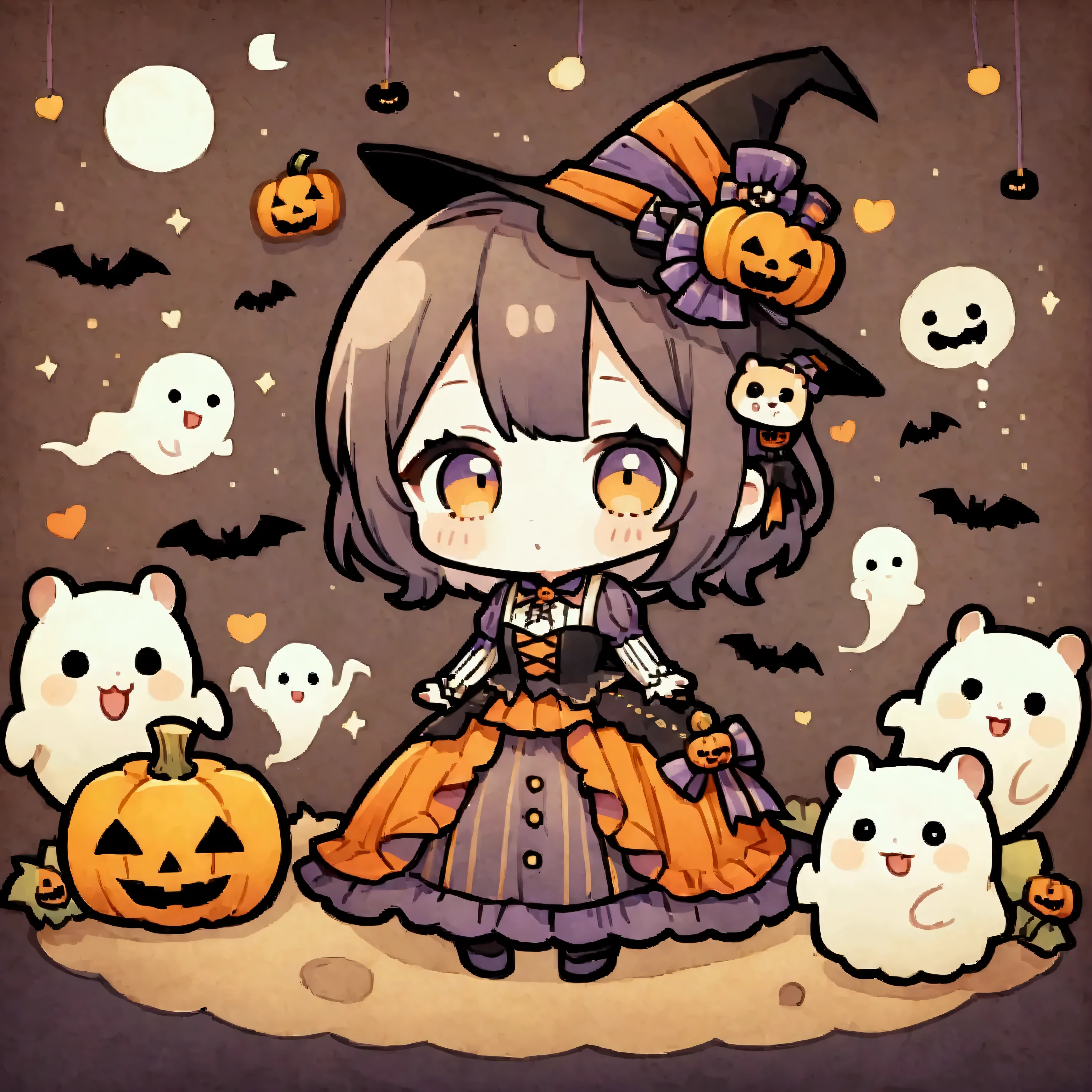 handicraft artwork,patchwork,cloth,button,Felt fabric,Embroidery thread,Handicrafts with a warm and gentle atmosphere,(Halloween,A girl dressed up as a hamster laughs,fine,Chibi, full body, pumpkin,ghost silhouette,Bats),A dream-like sight,rustic colors,intricate details,artwork,Three-dimensional