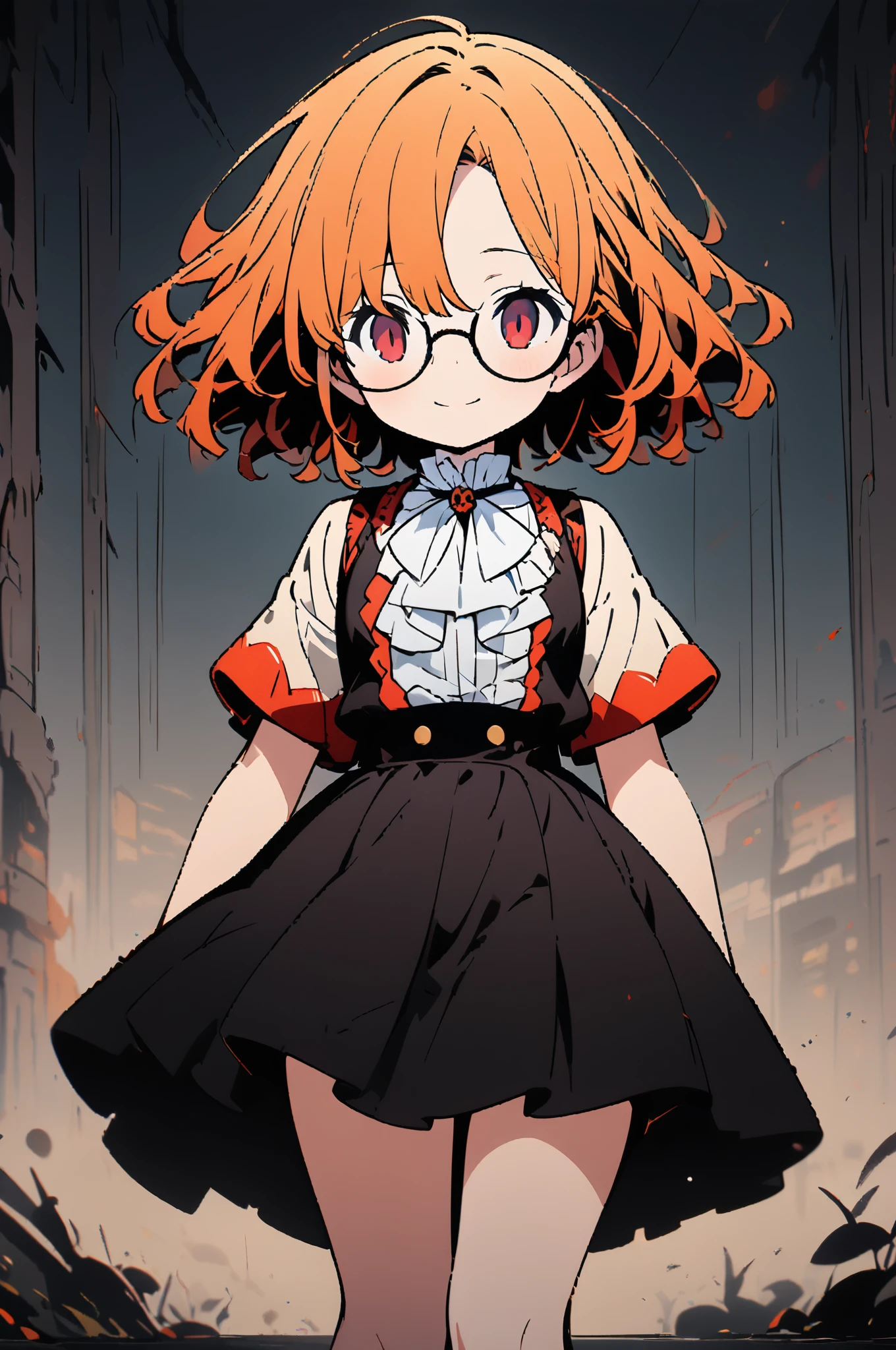 1girl,(chibi:0.7),smile,solo, full body,(Schoolgirl Fashion in the Meiji Era), short bob hair, loose perm hair, upper body, shiny skin, beautiful red eyes, big rounded Thin-framed glasses, hair parted in the middle, orange hair, best quality,amazing quality,highres,4K,extreme detailed CG,(rating: general:1.2), [flat skecth]