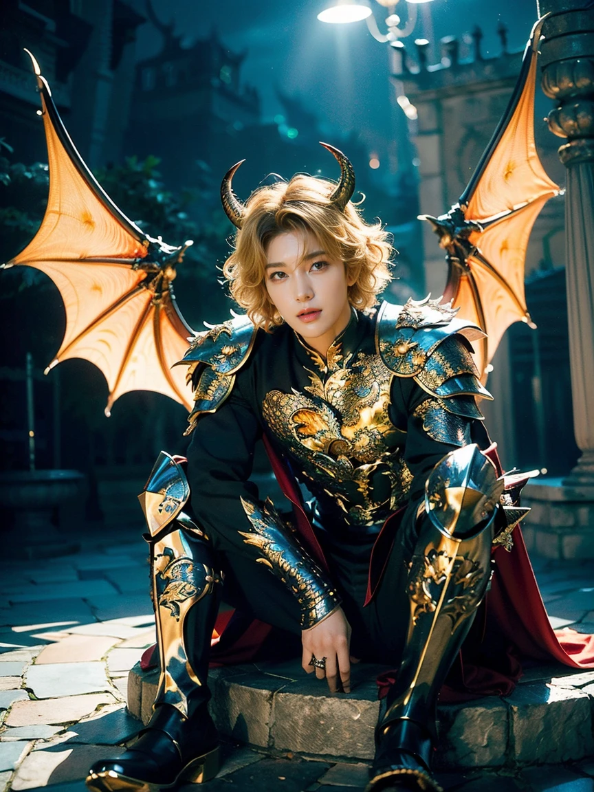 (Ridiculously , high quality  ,   playground equipment is very detailed ,32K、 HD image quality 、 Ultra HD、  golden ratio face  、Men、handsome guy，  See photographer  )、((( Blonde curly hair )))、((( male dragon king 、 male Dragon King ， huge horns and wings 、  add devil elements  )))、(((  detailed, Beautifully  detailed Dragon Armor Outfit、armor )))、(((  dragon pattern boots )))、(((Perfect limbs)))、( masterpiece , 最 high quality , 最 high quality ,  Official Art , Beauty and Aesthetics: 1.2)、(((Soft Light、 flash、 dark castle background)))Exquisite headdress，Exaggerated gorgeous ， Best Quality ，Film texture，Gorgeous accessories， Best Quality ，Movie Lighting，优质的masterpiece， cinematic lighting ， bright colors ，Half-length portrait，Character Close-up，portrait