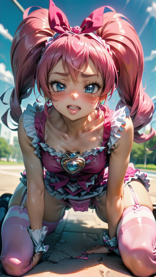 ((City Park)), (2.5D),(anime),(1 Big Breasts, (girl), (Very nice and beautiful:1.1), (Perfect detail:1.1), (Detailed eyes and face:1.3), (Sexy pose: 1.2) , Pink Hair, Long Hair, Wide twin tails:1.2, Heart Earrings, ribbon, (Frill skirt:1.3),(garter belt:1.2), brooch, (Pink knee socks:1.2):(See-through panties:1.5),(ribbonボンデージ:1.2),(Crotch Drill),(See-through pink panties),(Thin string panties:1.2),(Non-wet panties),(A thick rod is stuck in the pubic bone:1.2),(The legs are spread wide apart and both knees are on the ground.),(｛Cure Melody SUITE PRECURE:1.5｝)