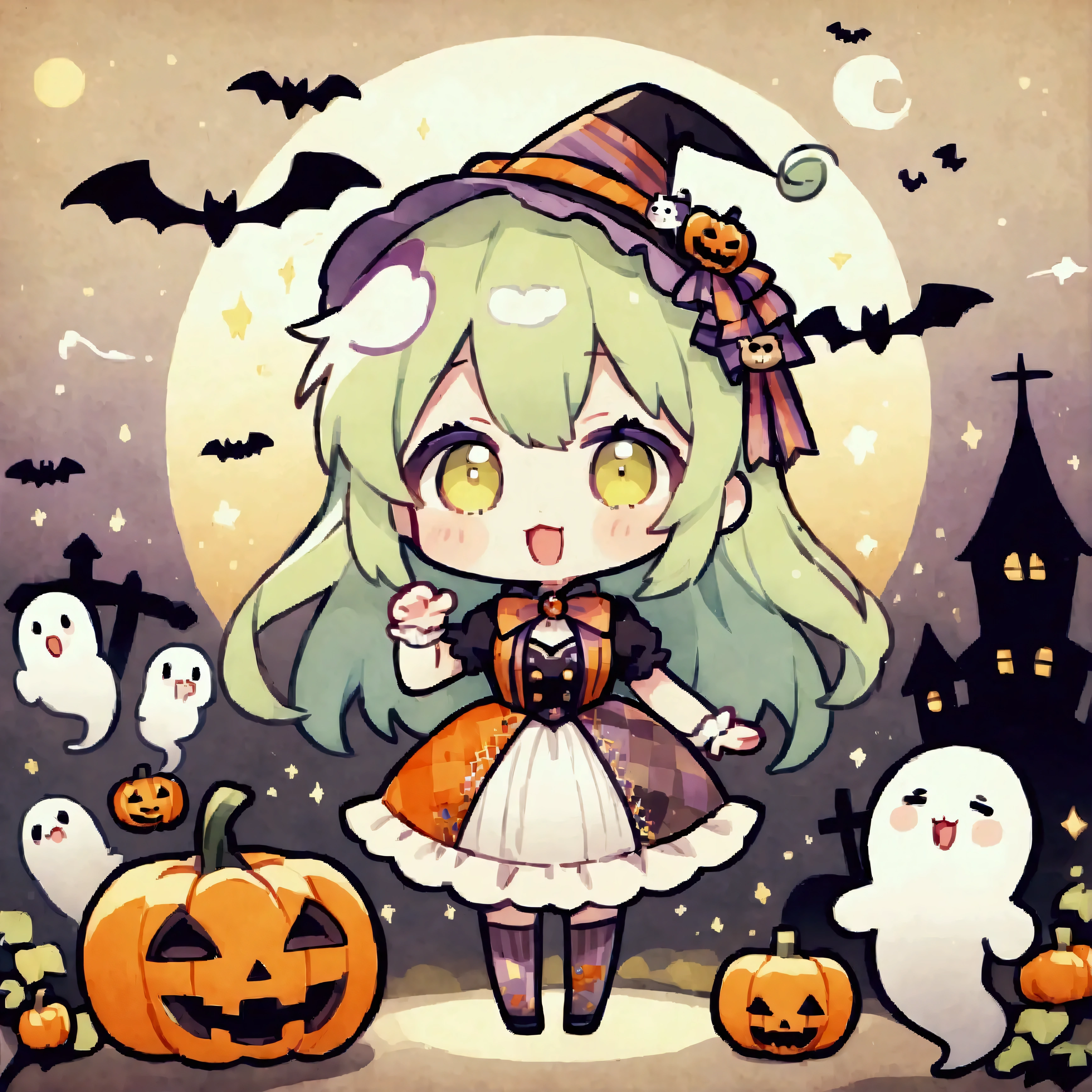 handicraft artwork,patchwork,cloth,button,Felt fabric,Embroidery thread,Handicrafts with a warm and gentle atmosphere,(Halloween,A girl dressed up as a hamster laughs,Chibi, full body, pumpkin,ghost silhouette,Bats),A dream-like sight,rustic colors,intricate details,artwork,Three-dimensional