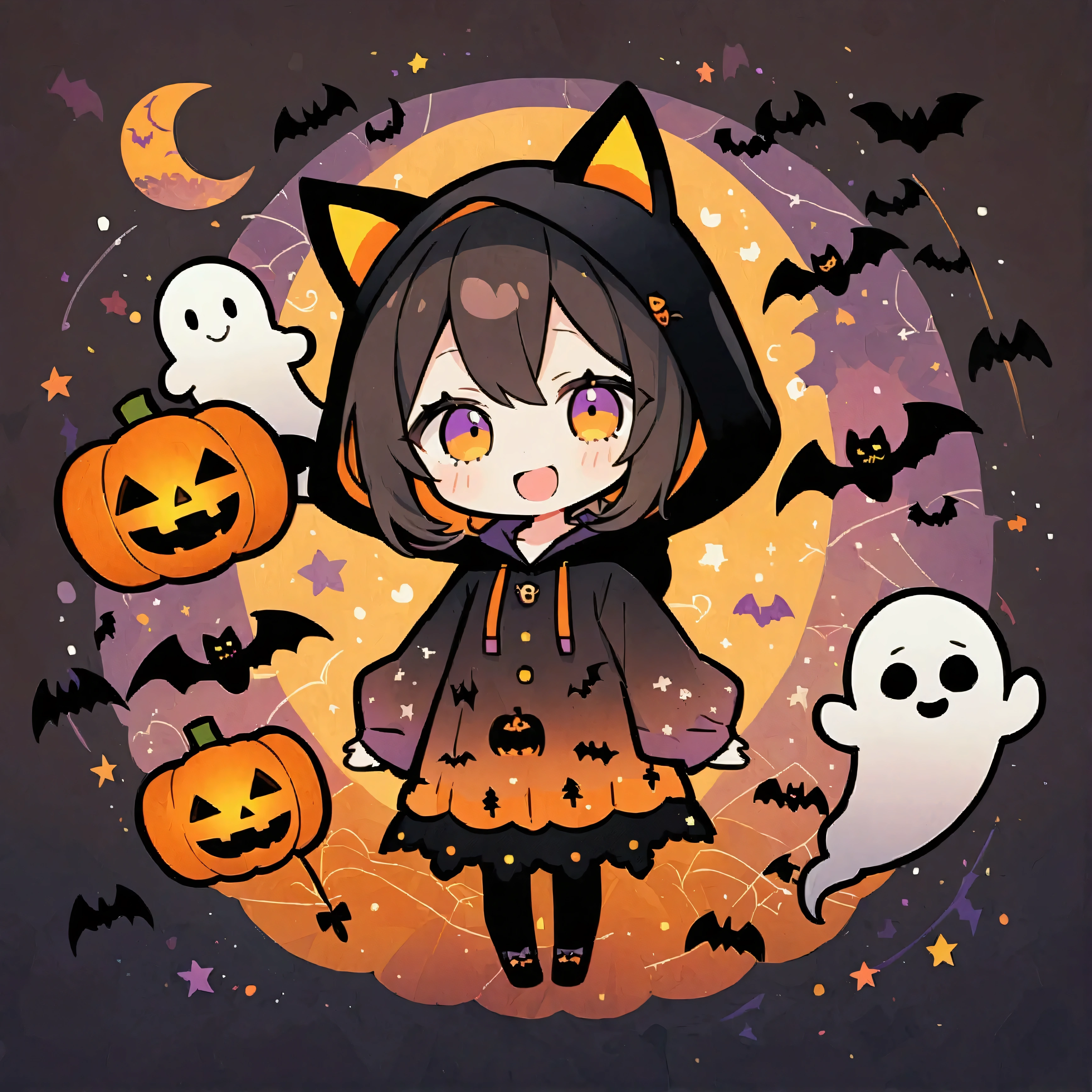 handicraft artwork,patchwork,cloth,button,Felt fabric,Embroidery thread,Handicrafts with a warm and gentle atmosphere,(Halloween,A girl wearing a hooded hoodie with black cat ears laughs,Chibi, full body, pumpkin,ghost silhouette,Bats),A dream-like sight,rustic colors,intricate details,artwork,Three-dimensional